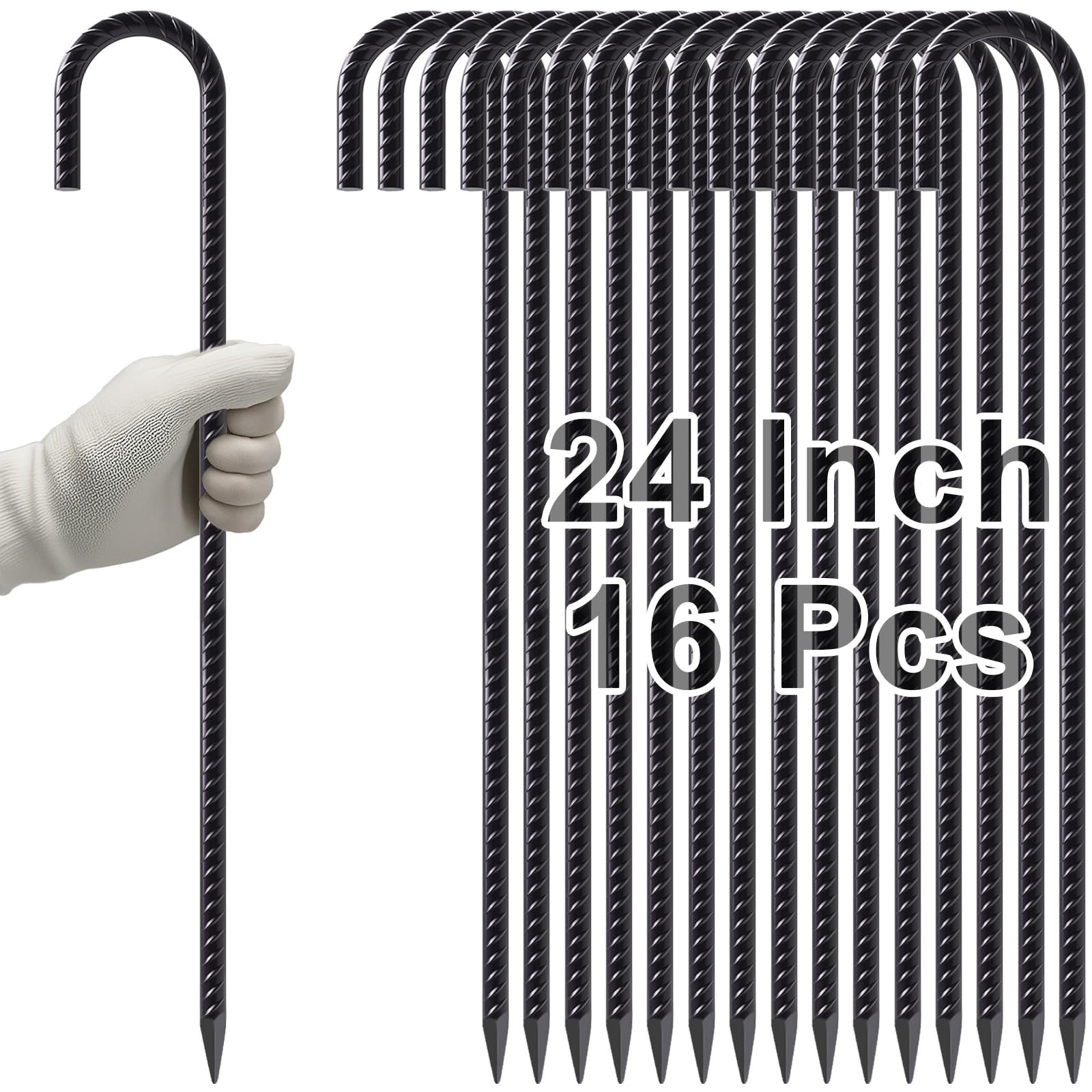 VVOKGO Rebar Stakes 24 Inch J Hook J-24 Inch-16 Pcs, Inch-Φ3/8″-Black