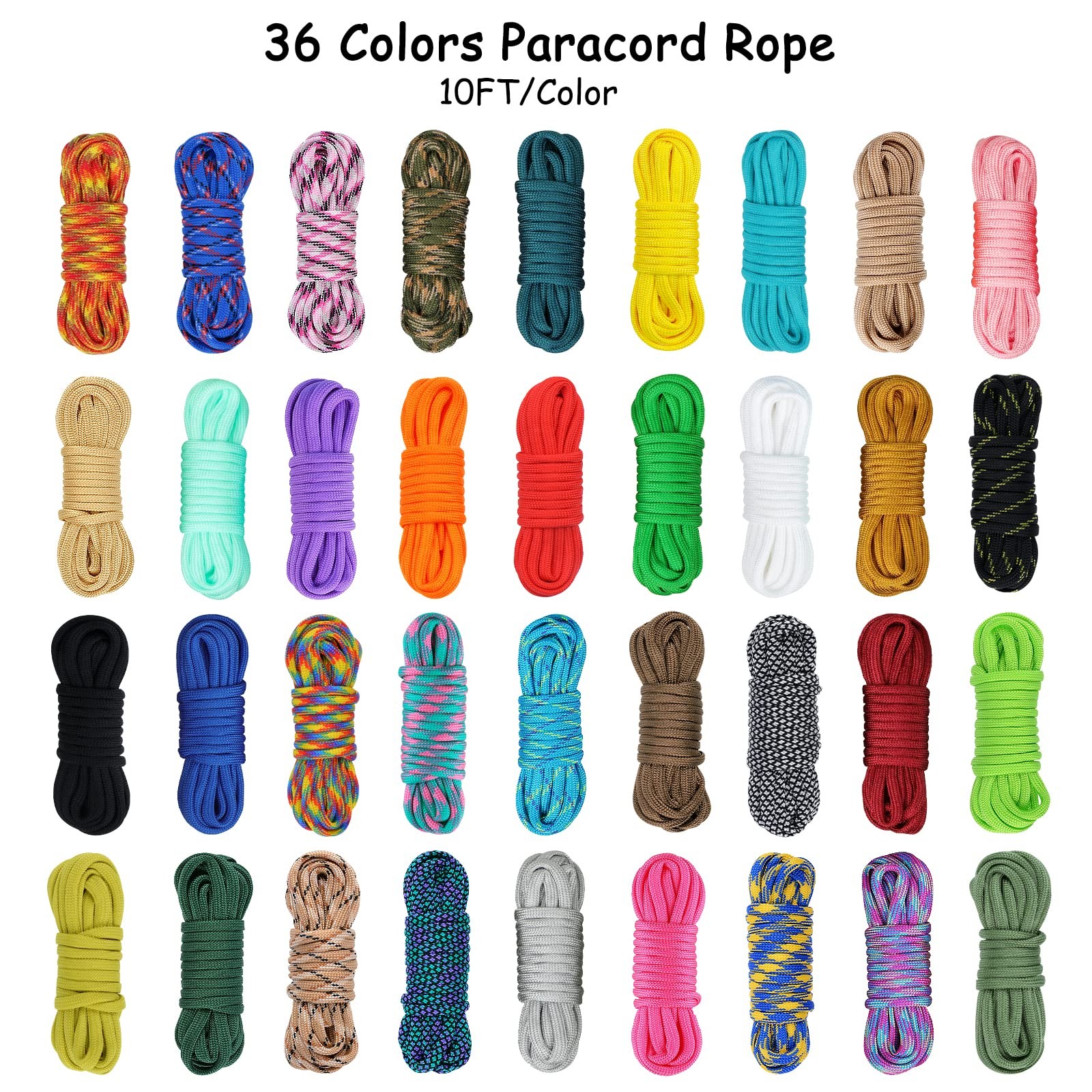 MONOBIN 36 Colors 10ft Paracord 550 360FT-10FT/Color, Red，blue，orange，black