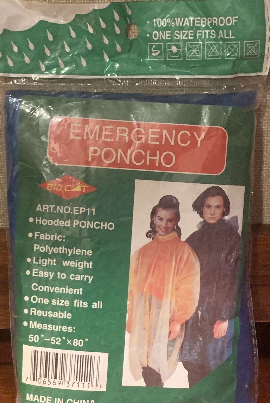EMERGENCY BLUE HOODED RAIN PONCHO 52”X80”-ONE SIZE FITS MOST-100% WATERPROOF-NEW