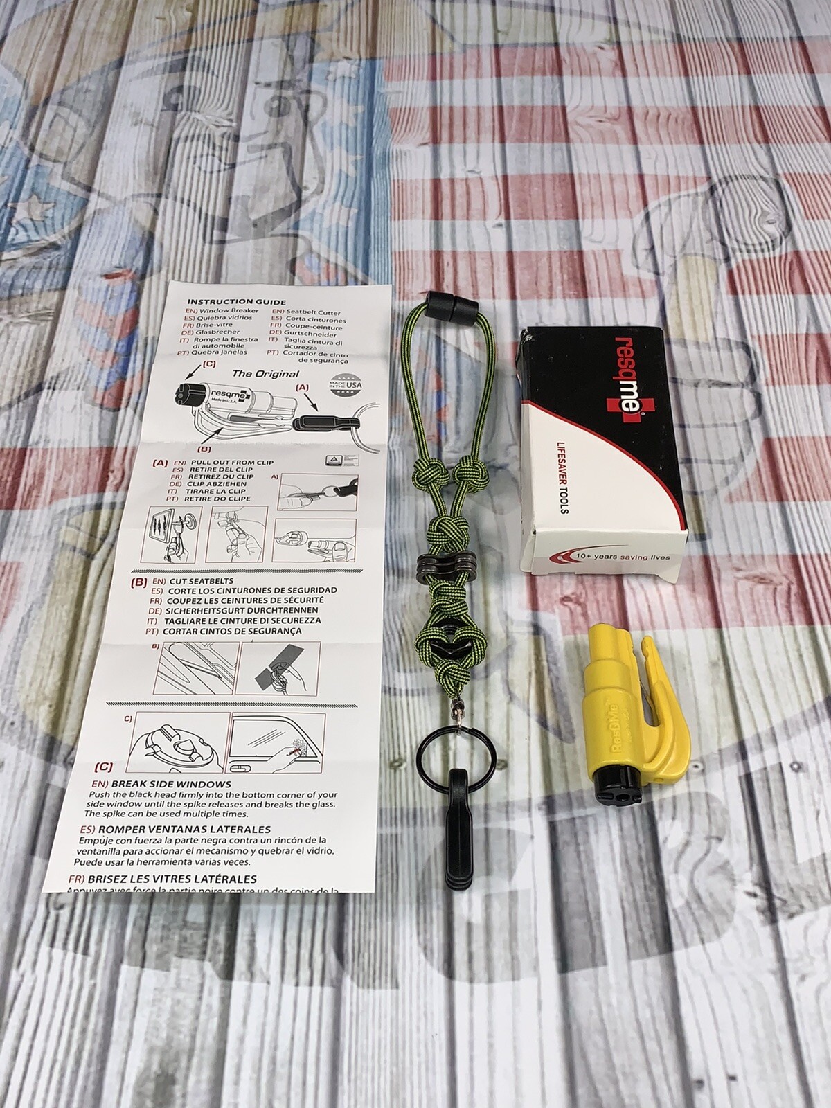Resqme Keychain Car Escape Tool Yellow Seatbelt Cutter W/ Paracord Lanyard