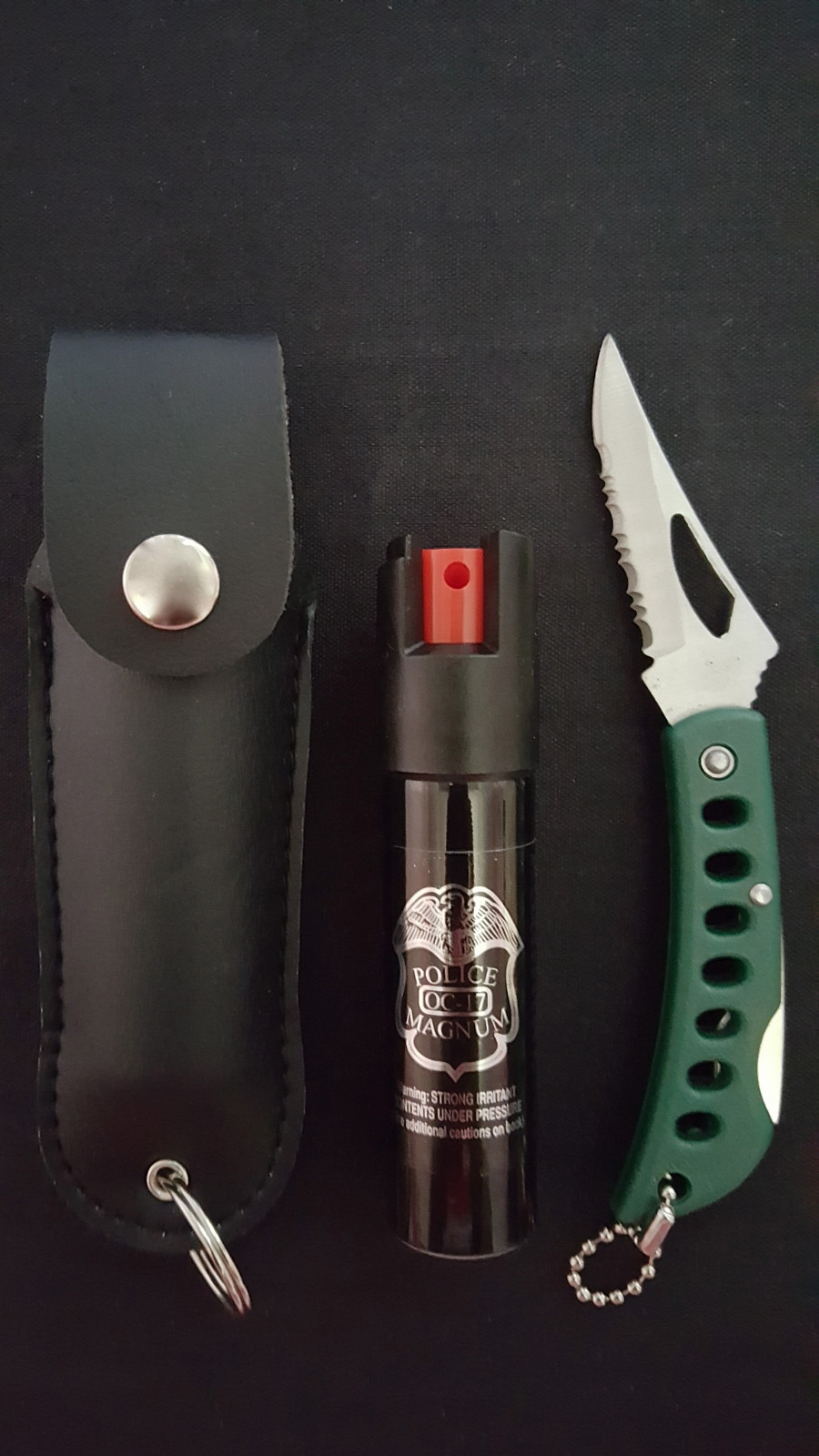 Police Magnum pepper spray .75oz black keychain holster pocket knife protection