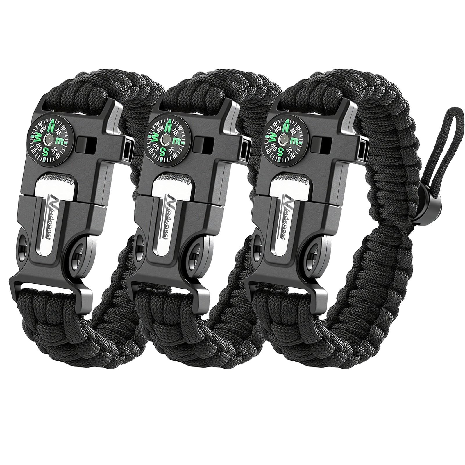 Survival Paracord Bracelet 3 Pack Fire Starter Whistle Compass Heavy Duty Outdoo
