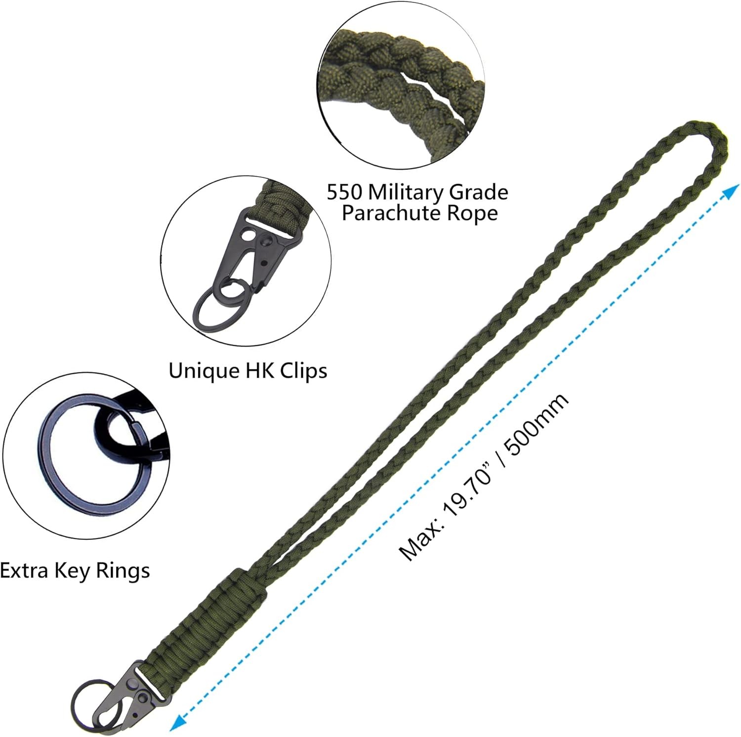 Heavy Duty Paracord Lanyard Keychain, Necklace Cell Phone Army Green
