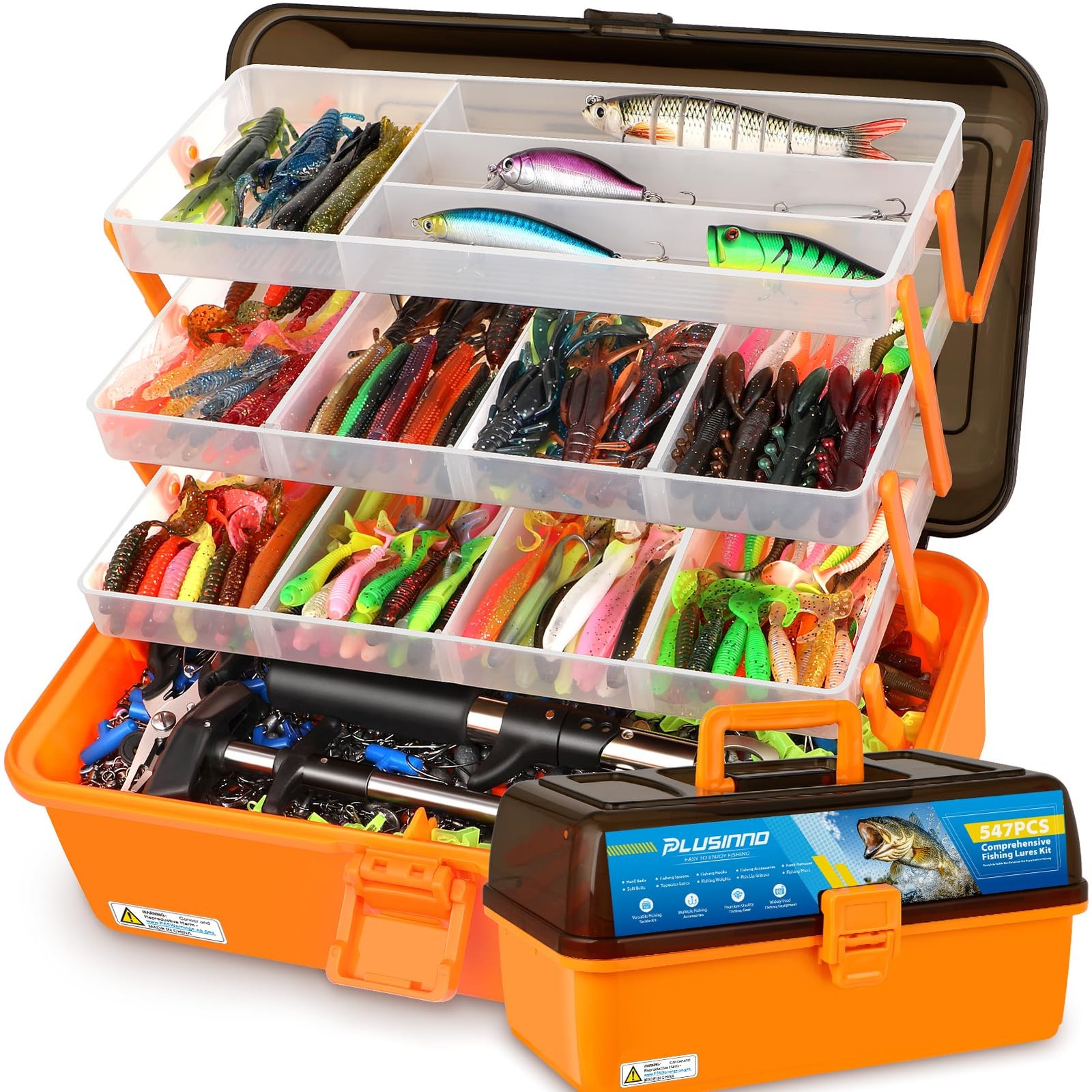 PLUSINNO Large 4-Layer Tackle Box with 14.5″ x 8.3″ x 8.1″, Orange