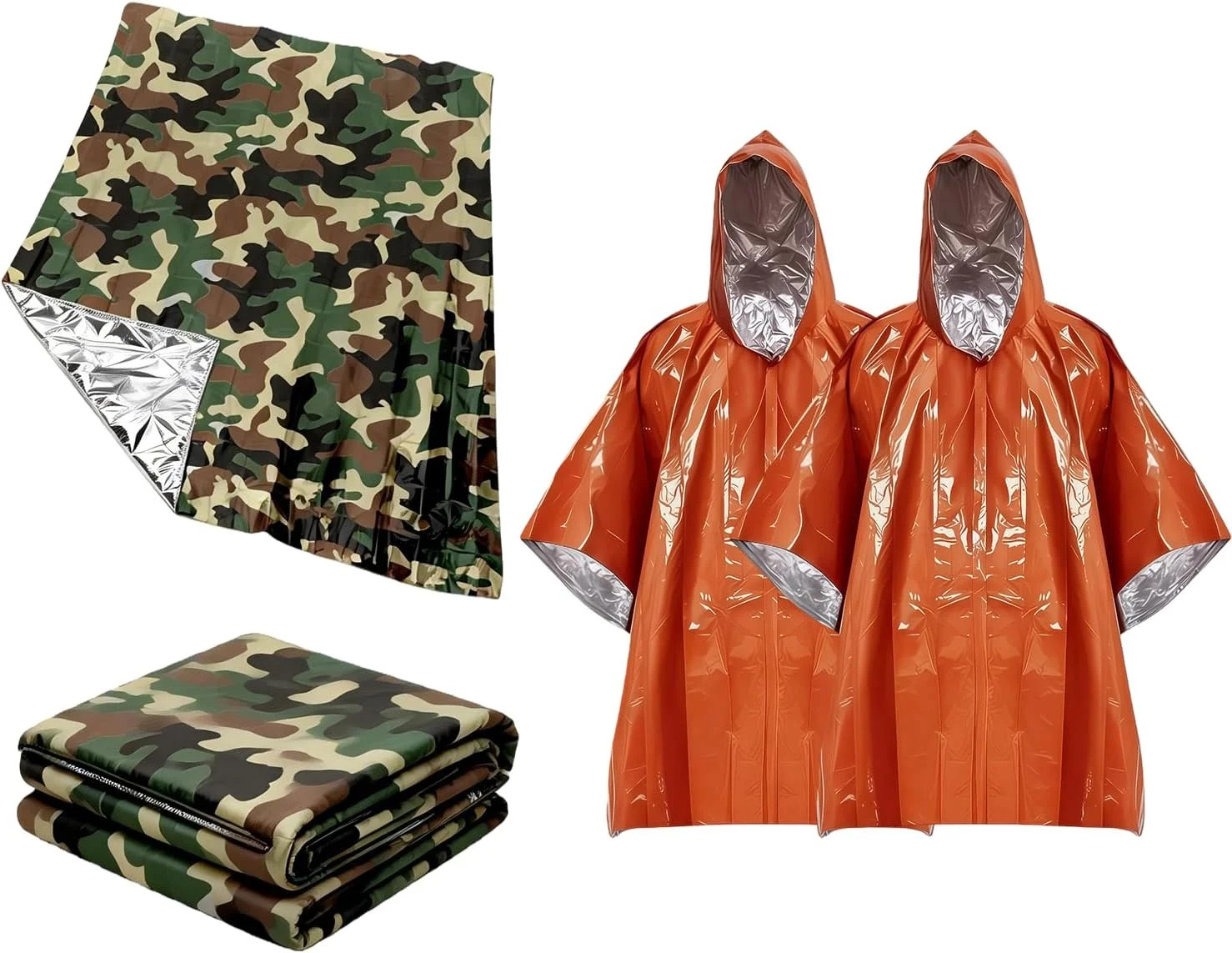 4-Pack Emergency Survival Kit,Camo Emergency Blankets(2) + Orange Emergency Ponc