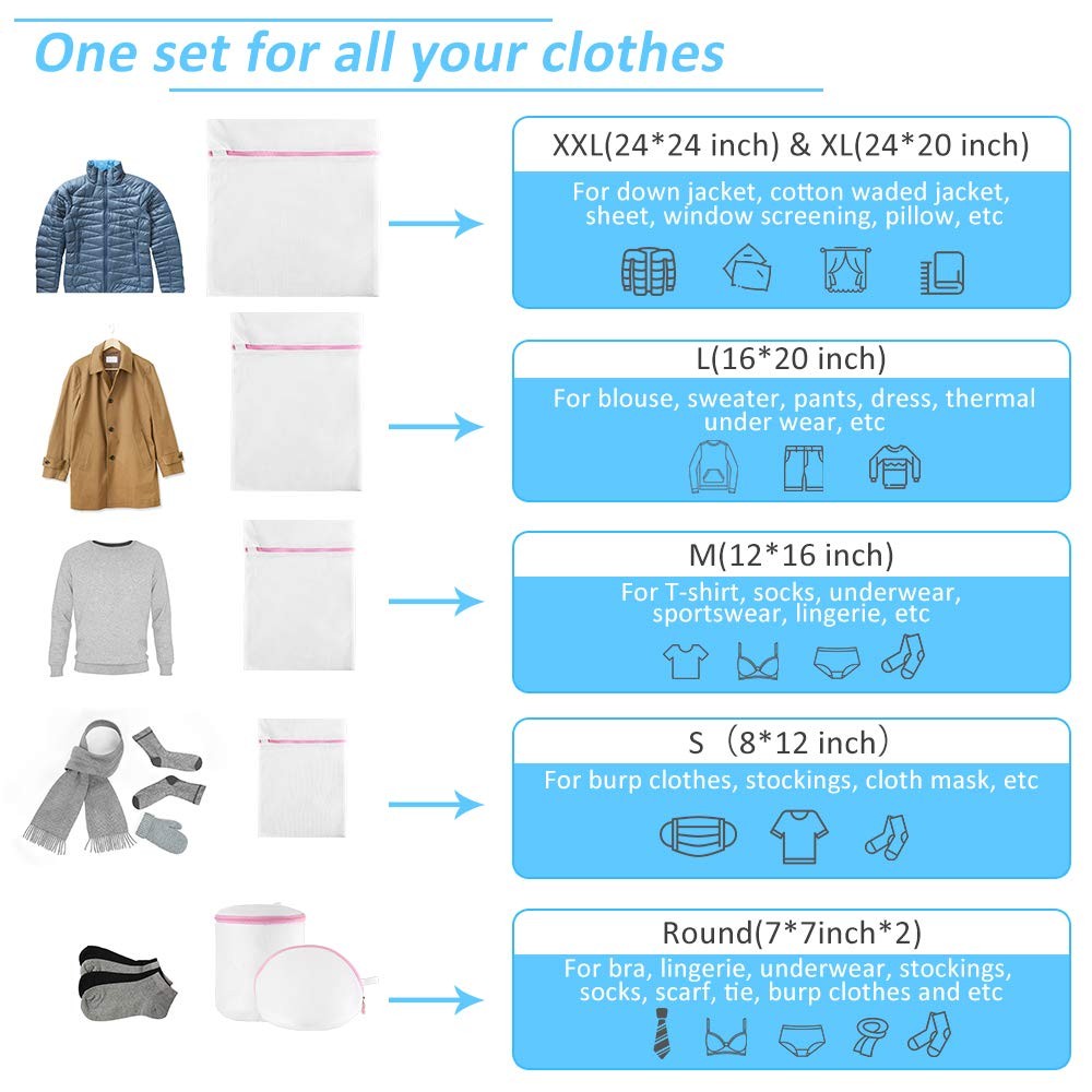 GOGOODA Mesh Laundry Bags for Delicates 1XXL, 1XL,1L,1M,1S,2 bra bags, White