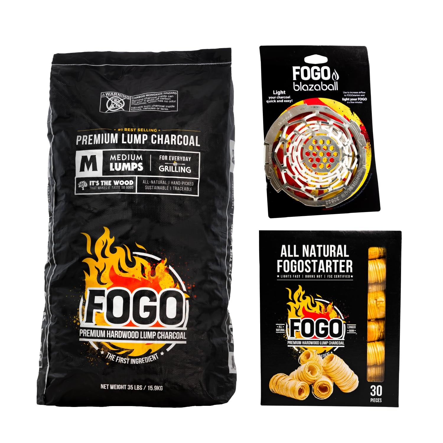 FOGO Premium Hardwood Natural Medium Sized 35lb Bag + Starter Bundle, Black