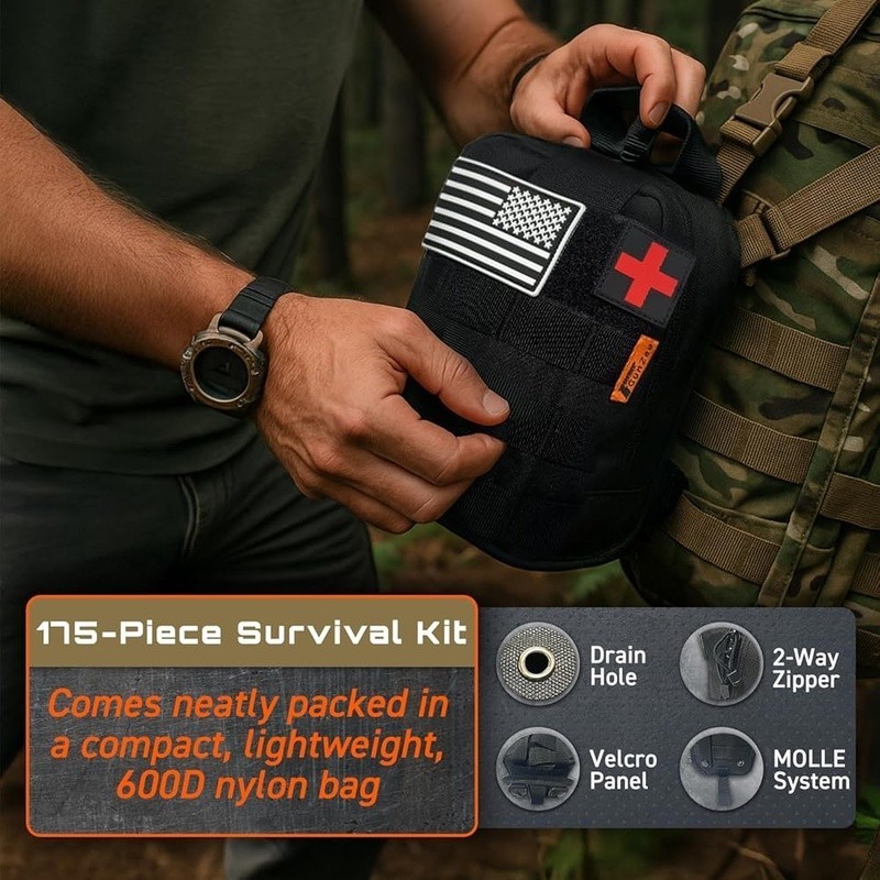 175Pcs Emergency Survival Kit First Aid Tools Multi-Tool Fishing Gear MOLLE Bag