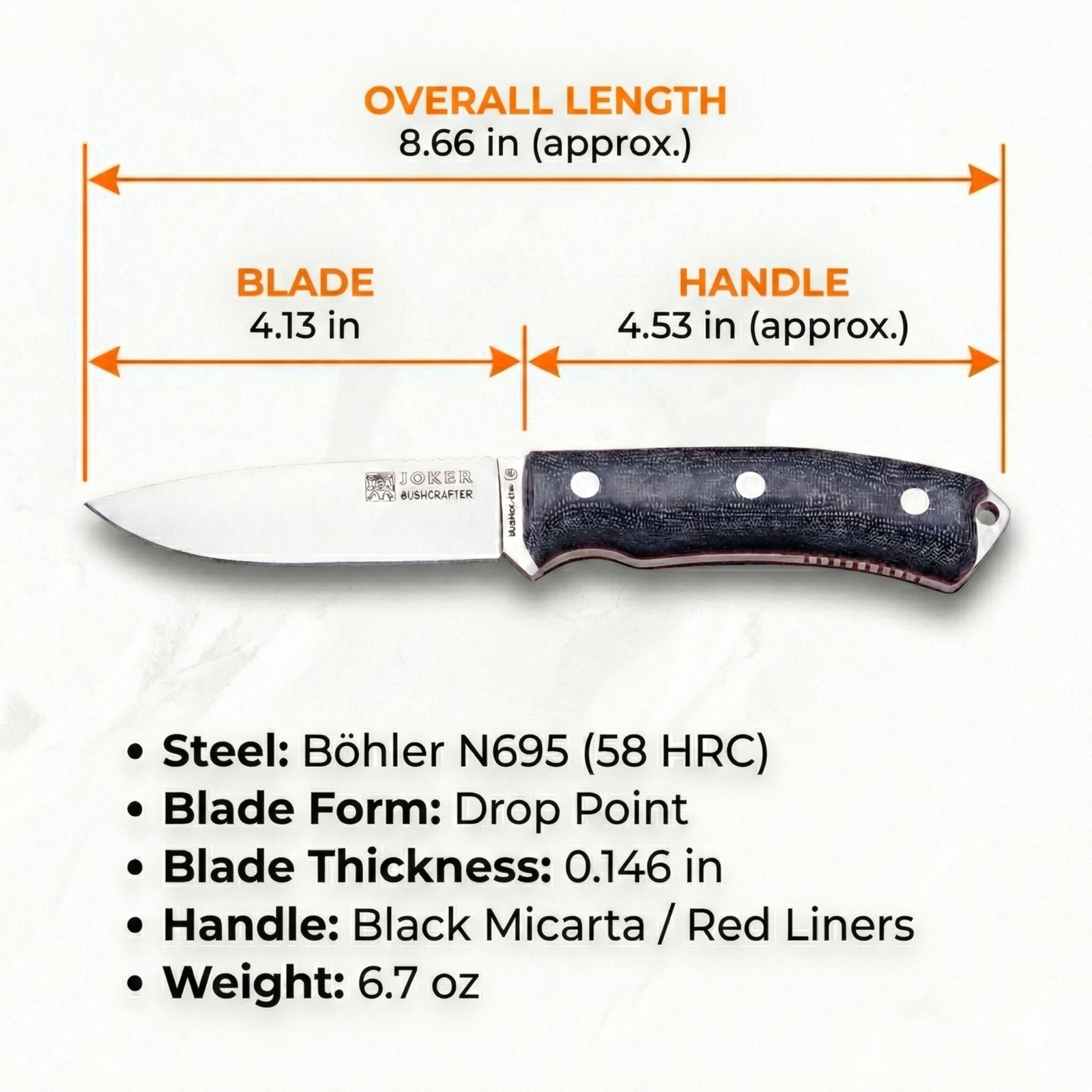 Joker Bushcraft Bushcrafter Survival knife CM120, black leather Sheath, 4.13 …