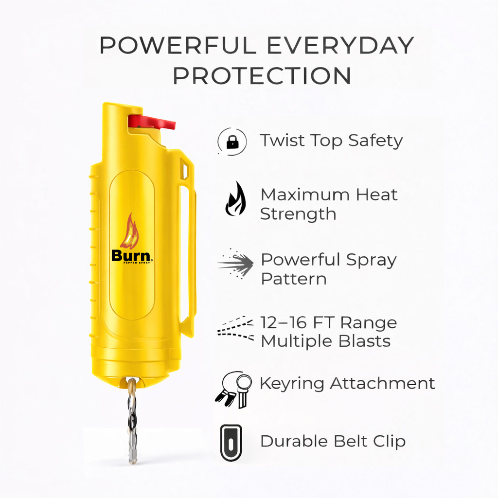 Burn Pepper Spray Keychain – 0.5 oz Maximum Strength OC Self Defense Yellow
