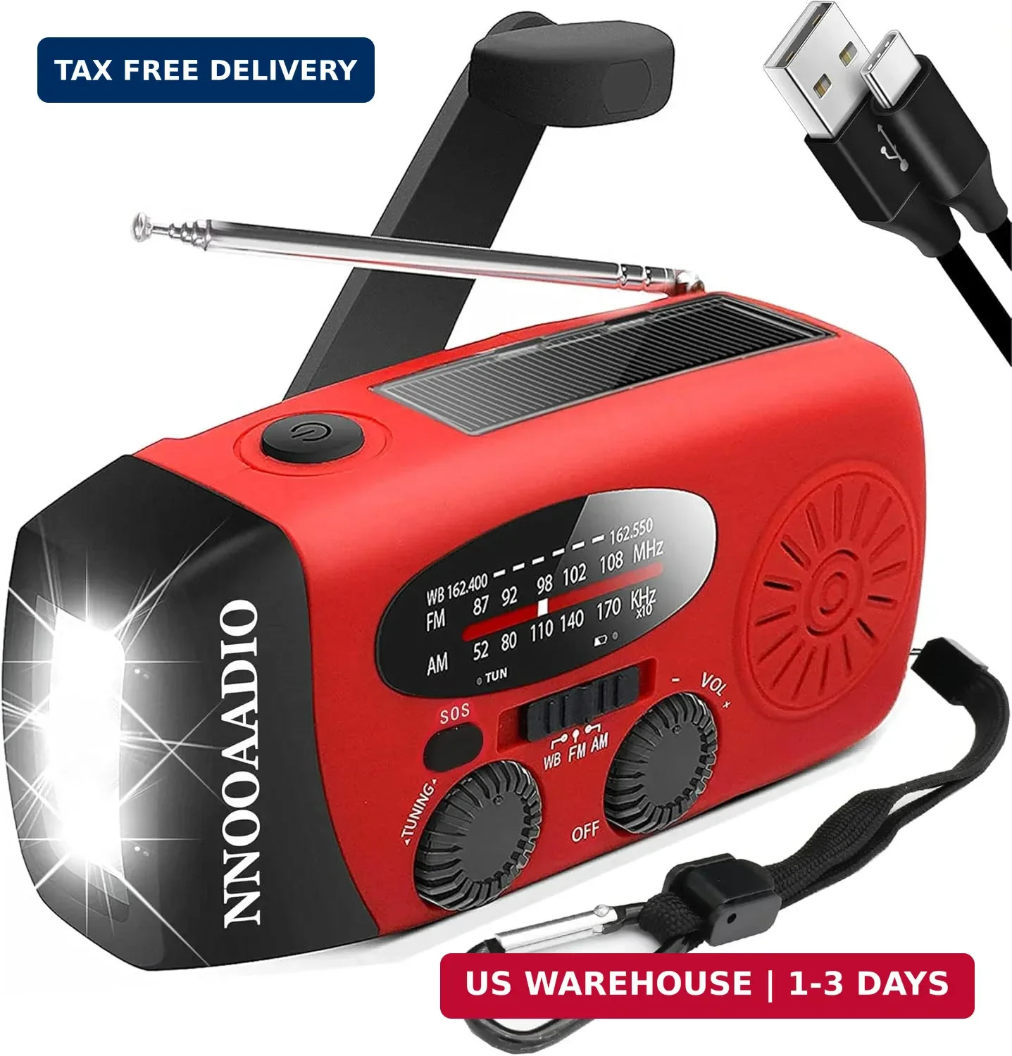 2000mAh SOS Alarm Emergency AM FM Weather Radio, 3LED Type-C Hand Crank Solar Ba