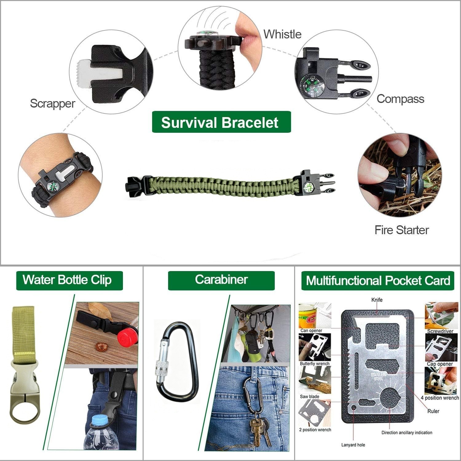 16Pcs Emergency Survival Kit Tactical Pen Spork Compass Camping Hiking First Aid