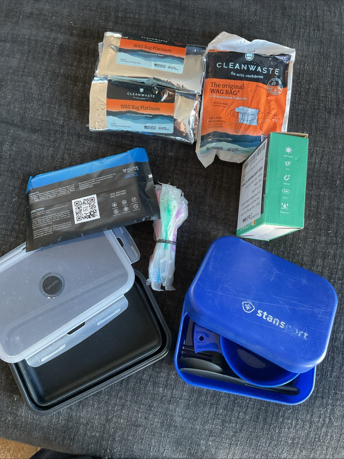 Burning Man Camping Kit WAG Bags,Mess, Wipes, Lights , Disposable Toothbrushes,