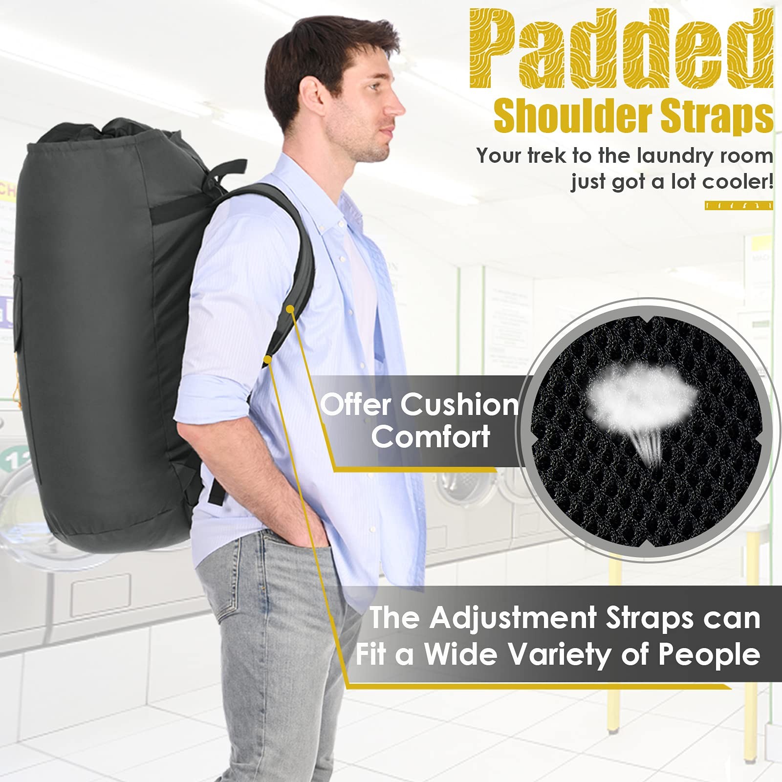 Laundry Backpack Bag, 115L 15″ x 40″, Charcoal grey laundry bag with straps