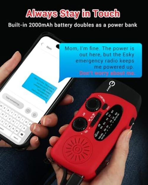 Emergency Hand Crank Radio 7400mWh with 3 LED Flashlight, AM/FM/NOAA Red