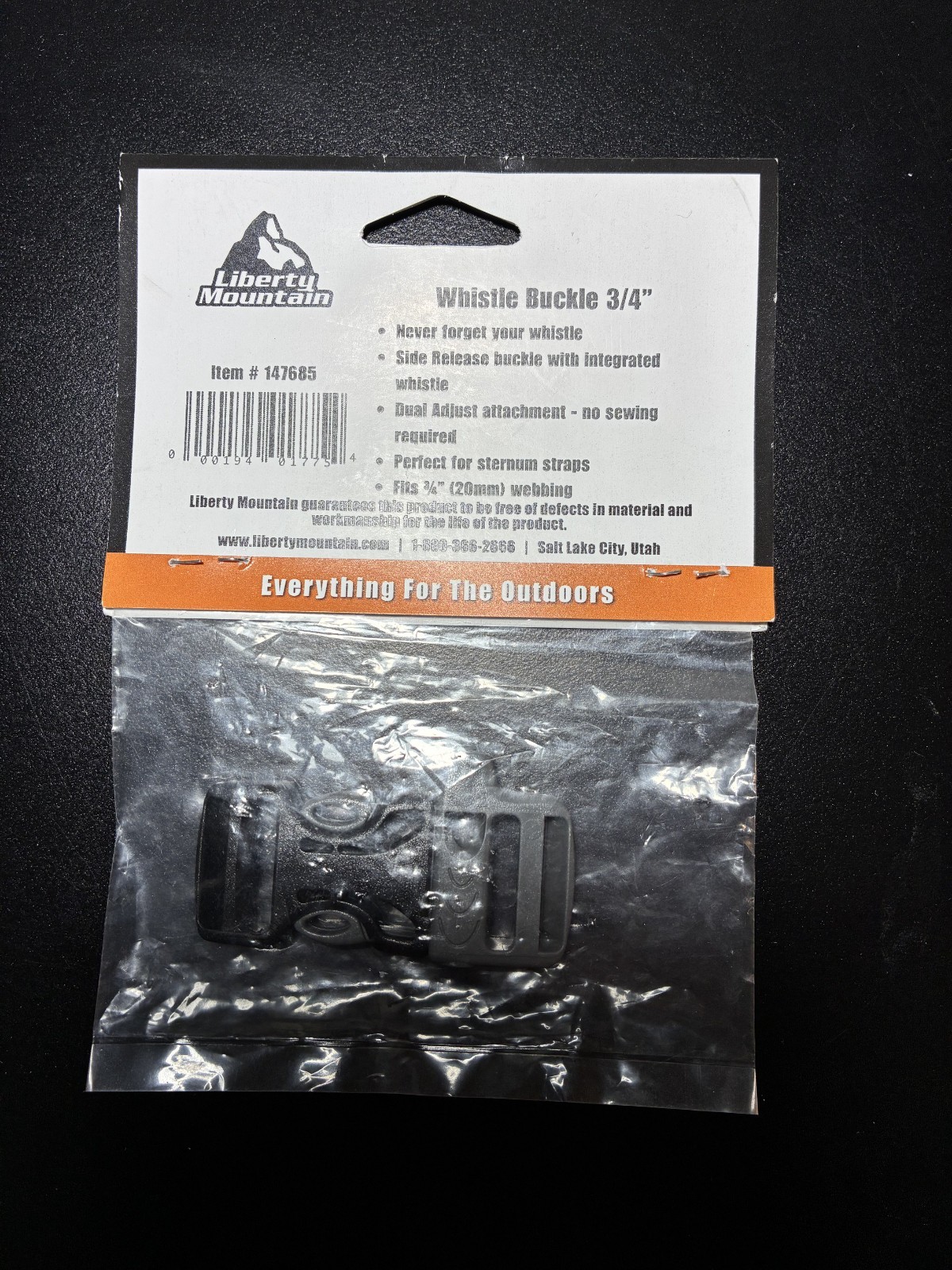 Liberty Mountain Whistle Side-Release Buckle, 3/4 inch gray-black