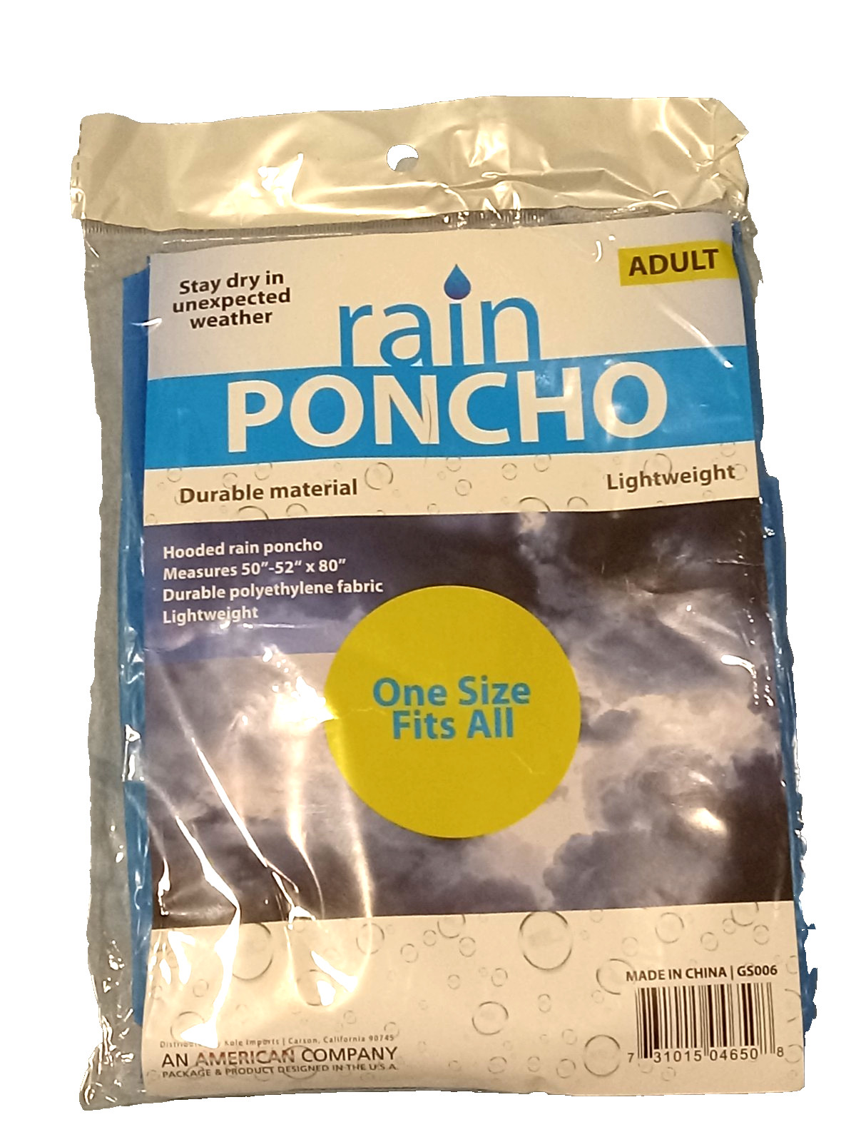 4) x Hooded Poncho Emergency Rain Gear Blue Lightweight Adult 50″-52″ x 80″