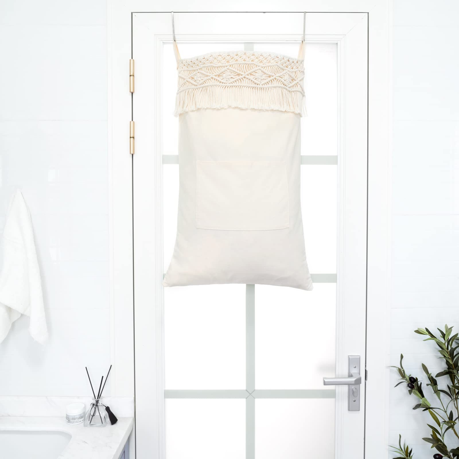 Mkono Macrame Hanging Laundry Hamper Bag Over The Door 18.5″ x 27.5″, White
