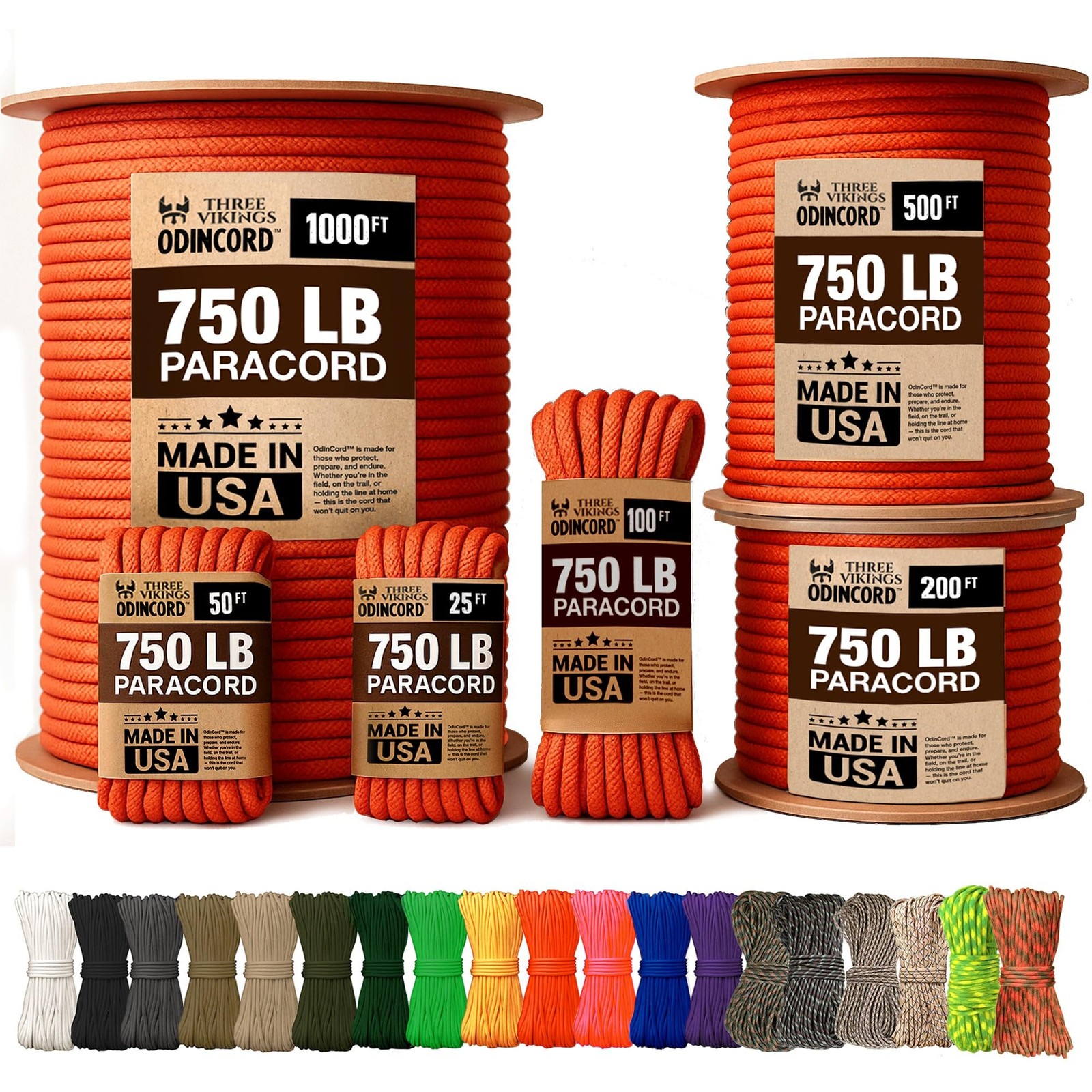 Three Vikings Paracord Rope – Made in USA – 750lb – 100% 50 ft, Neon Orange
