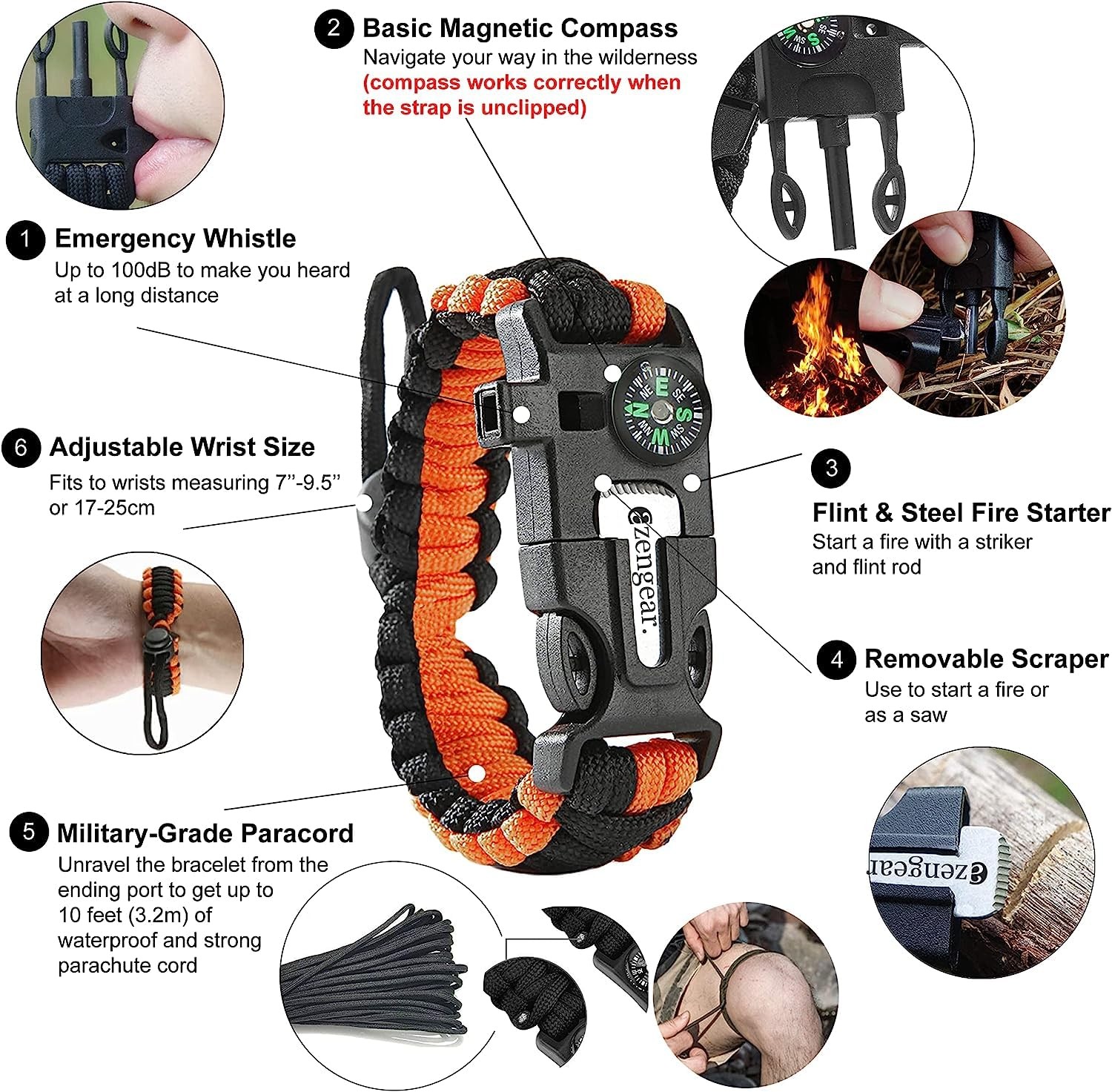 Survival Paracord Bracelet, Adjustable 550 Paracord Bracelets, Compass, Wandera…