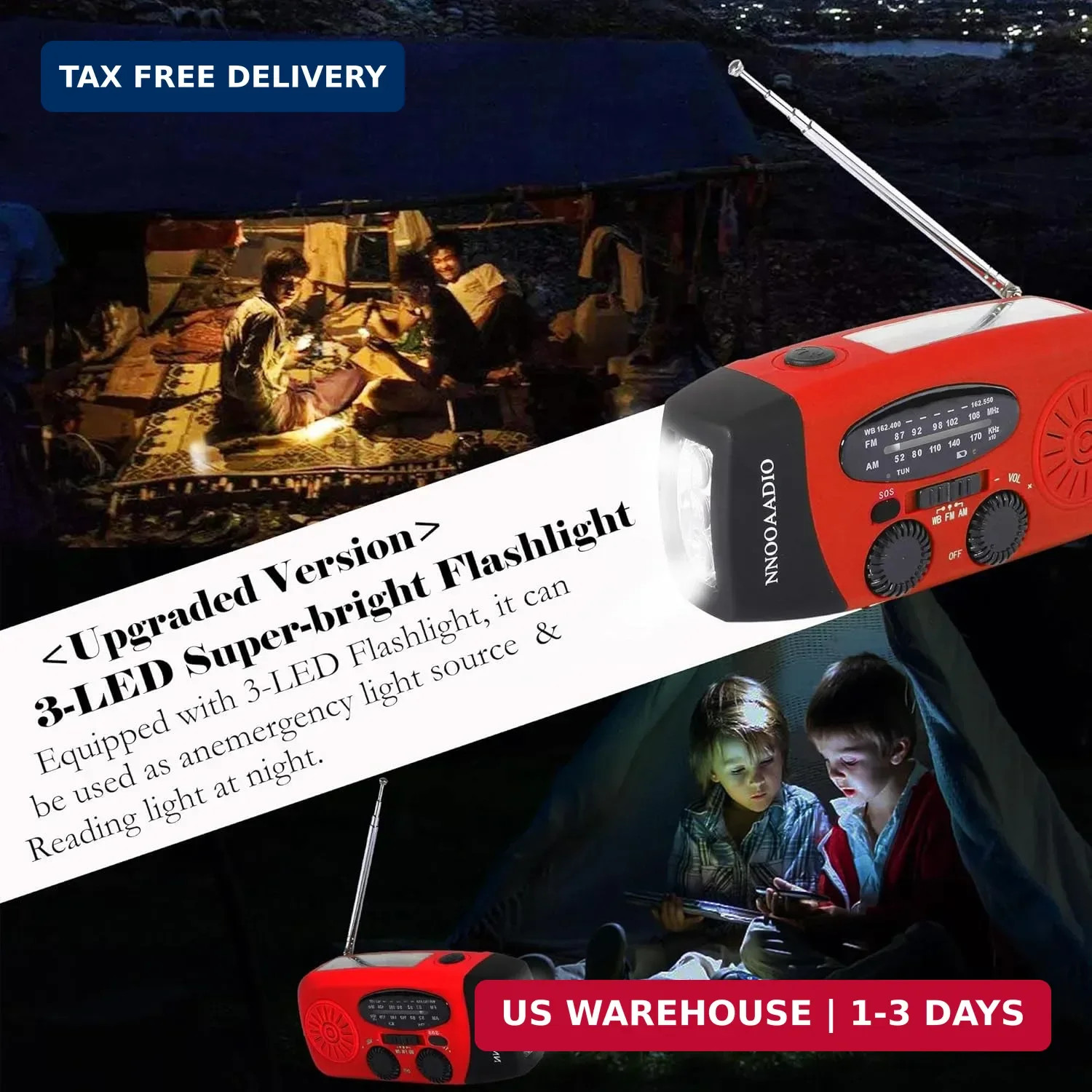 2000mAh SOS Alarm Emergency AM FM Weather Radio, 3LED Type-C Hand Crank Solar Ba