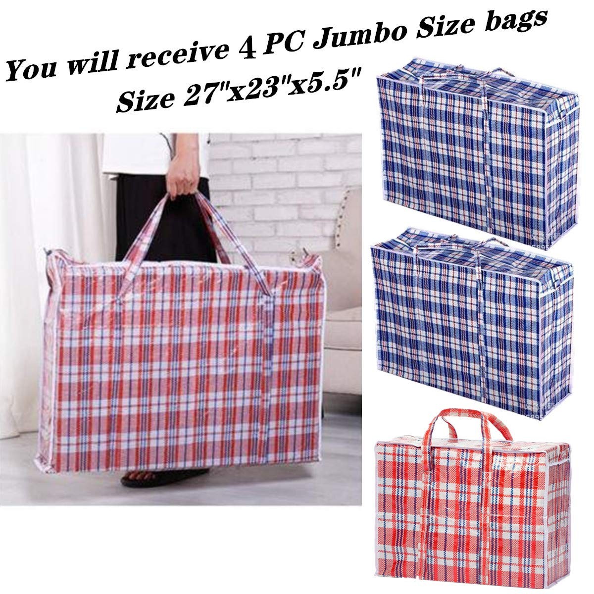 Set of 4 Extra-Large Jumbo Plastic Checkered Storage JUMBO, RED, Blue, White