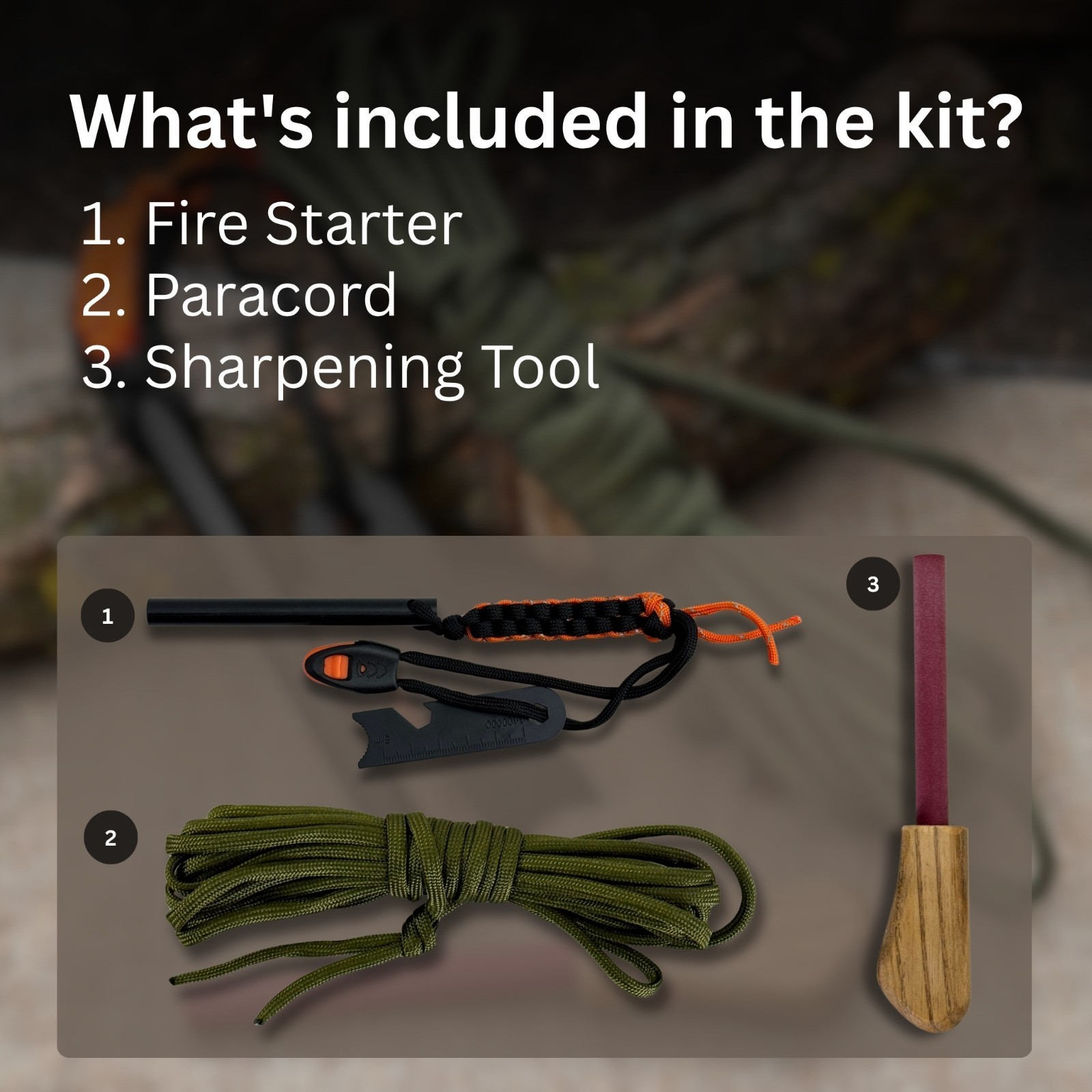 Bushcraft Survival Kit with Ferro Rod Sharpener Paracord Camping Gear Sharky