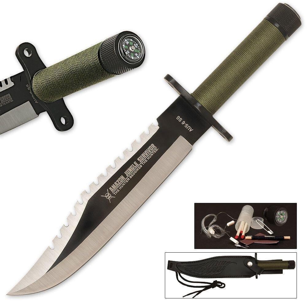 Rambo Style Tactical Bowie Survival Fighting Knife – Fixed Saw-Back Blade