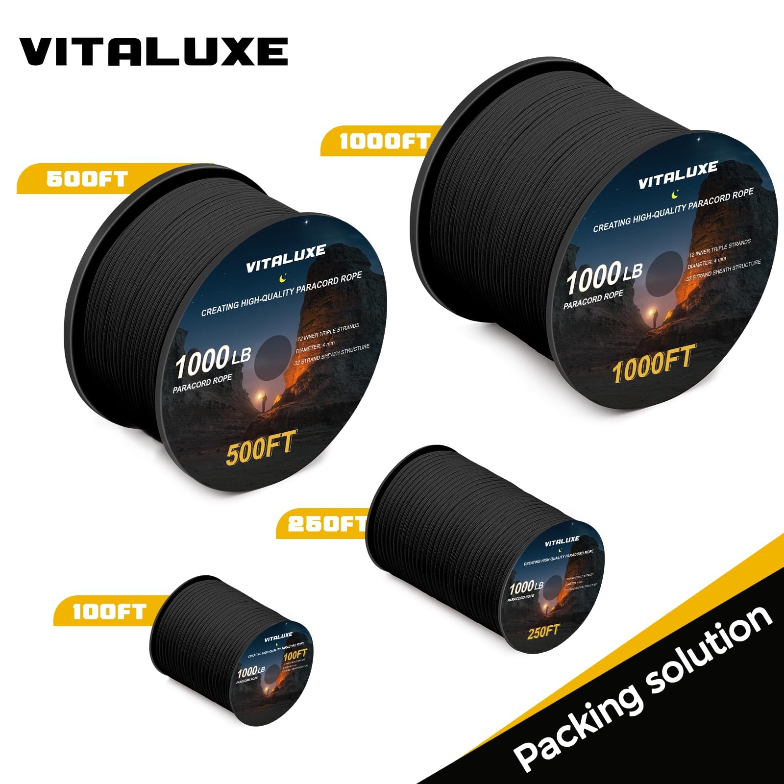 VITALUXE 1000lb Paracord Rope, 4mm 12 Triple Strands Paracord, 100ft, black