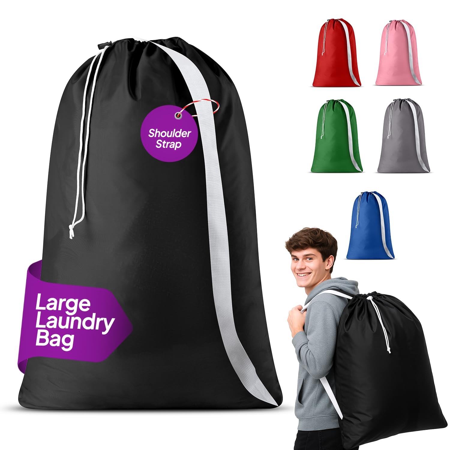 Handy Laundry Bag Shoulder Strap Extra Large – Drawstring 1-Pack, Black