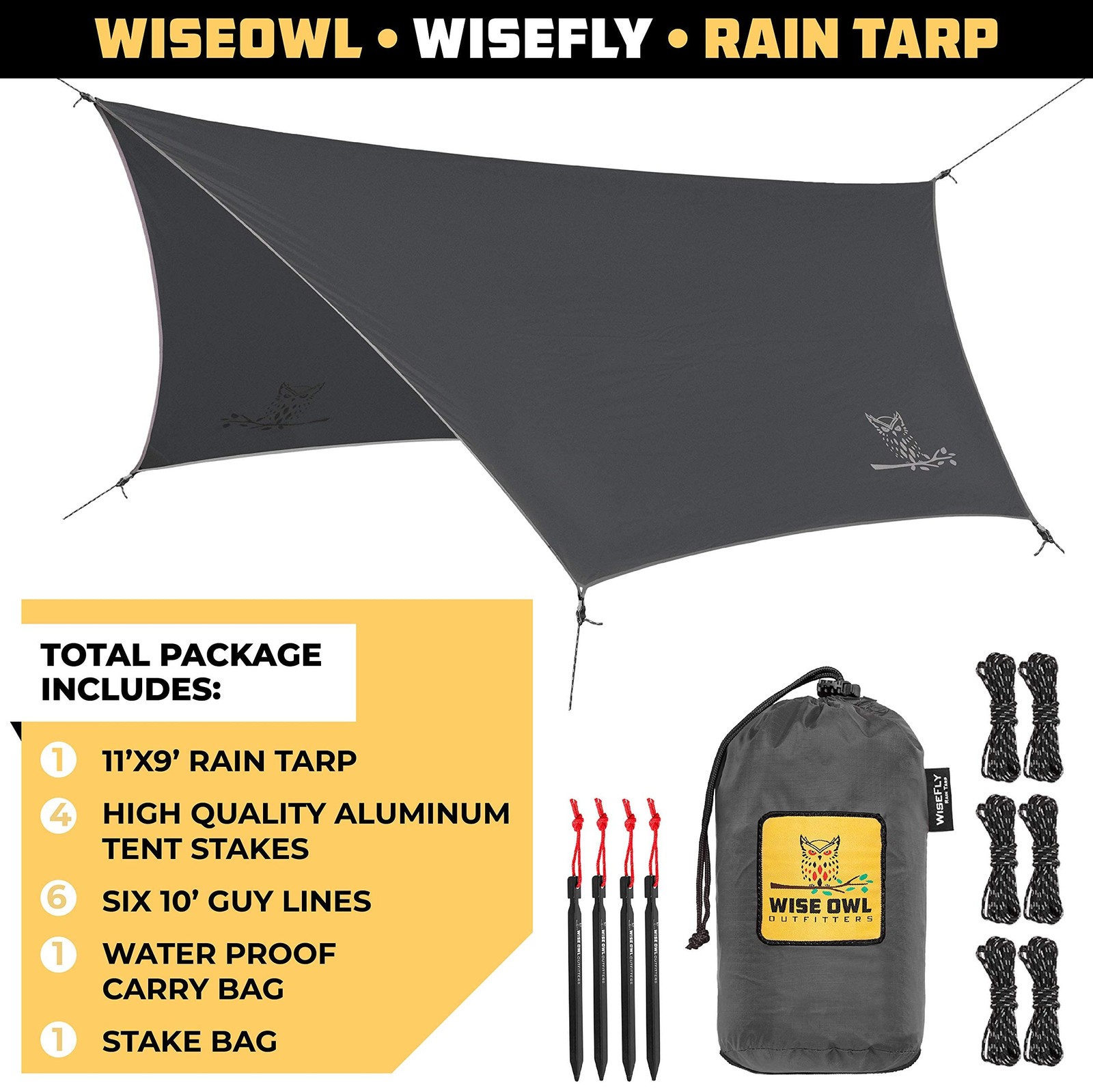 Wise Owl Outfitters Hammock Rain Fly – Waterproof Standard (26 oz), Gray