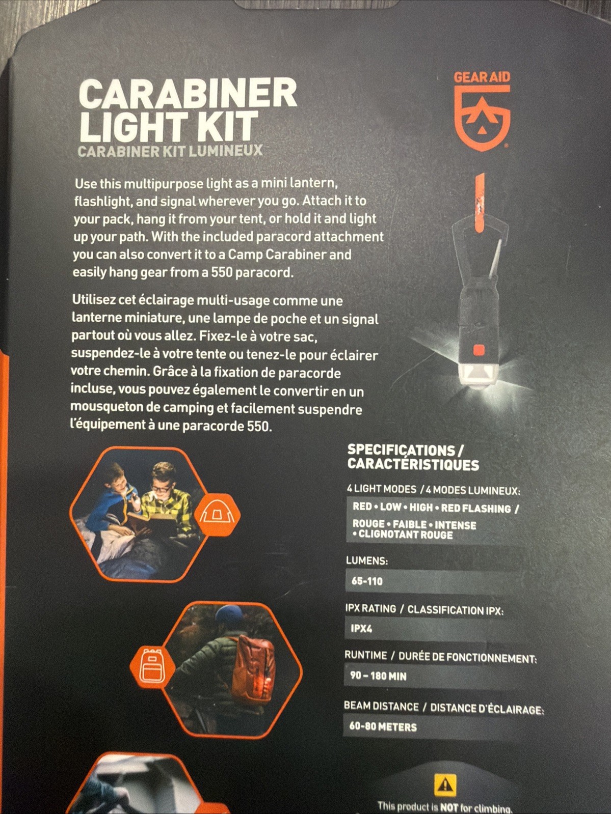 Gear Aid Multi-Purpose Rechargeable Carabiner Light Kit New In Box