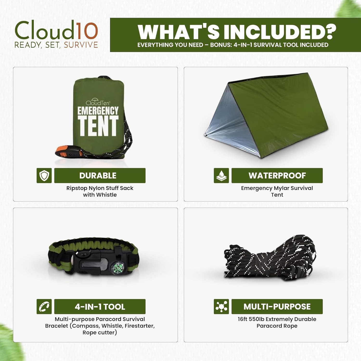 CloudTen Emergency Tent: Lightweight 2 Person Survival Tent with Multi-Function