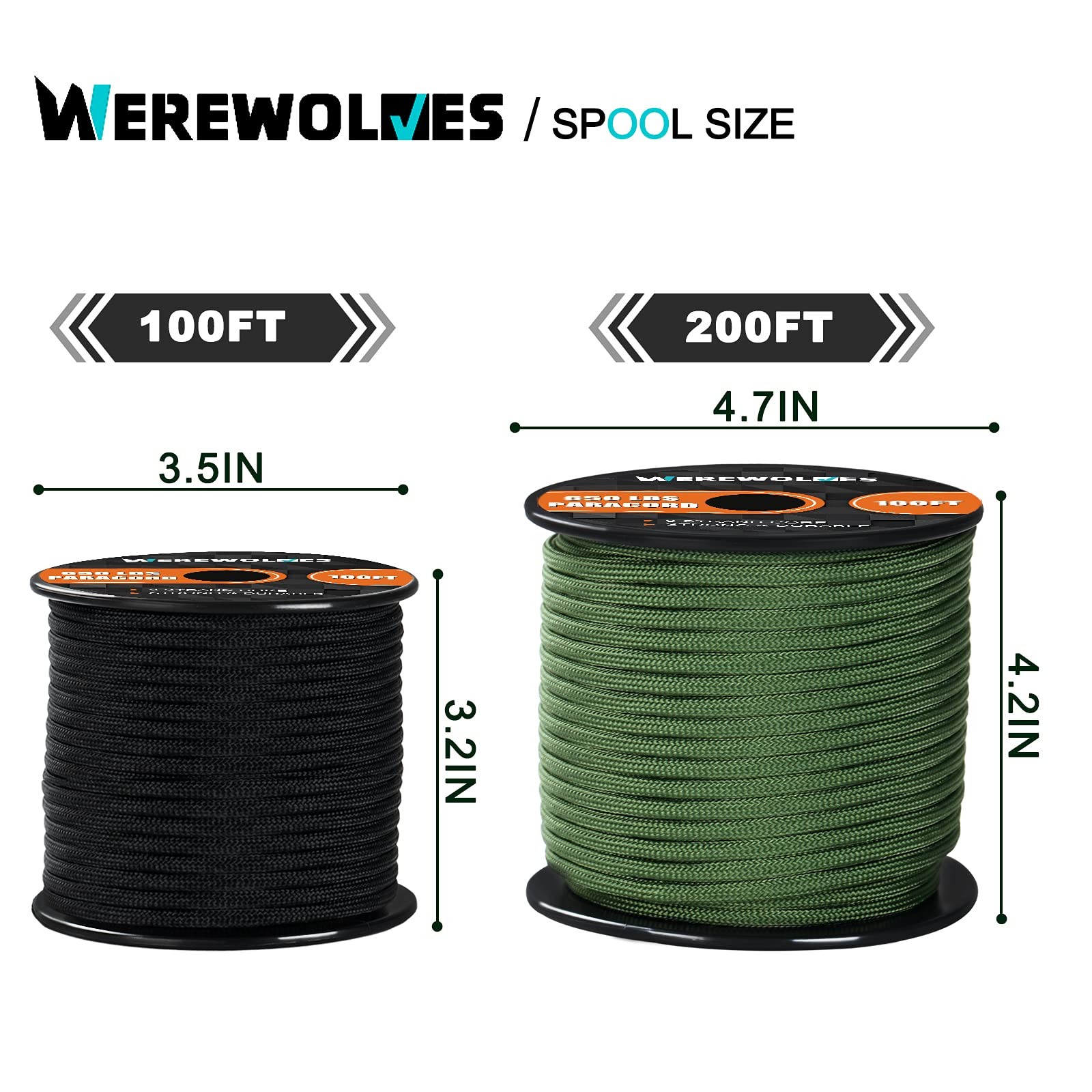 WEREWOLVES 650lb Paracord/Parachute Cord – 9 500 Feet, Neon (Safety) Orange