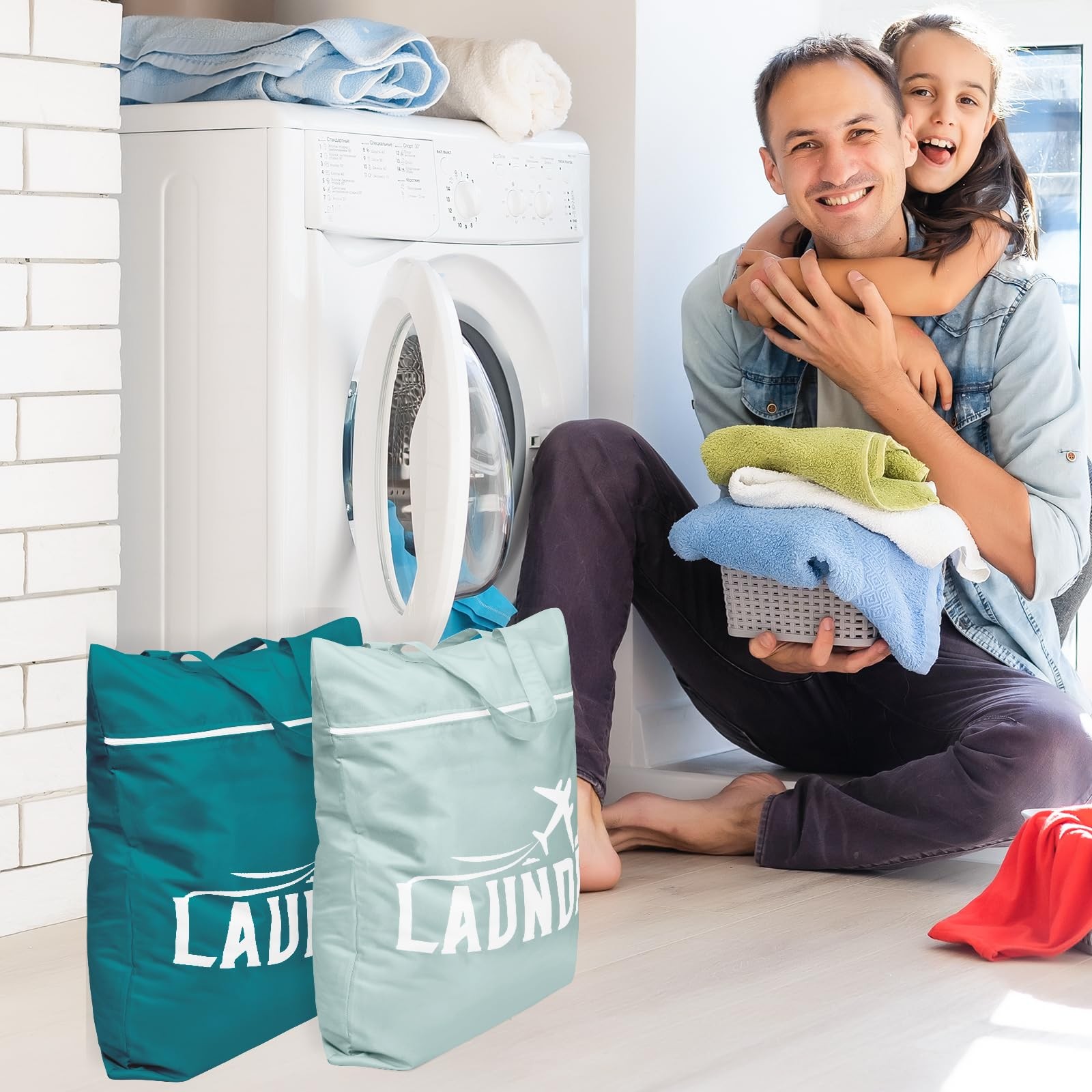 2 Pcs Large Travel Laundry Bag Washable 18.1 x 22.8 inches, Blue+Grey