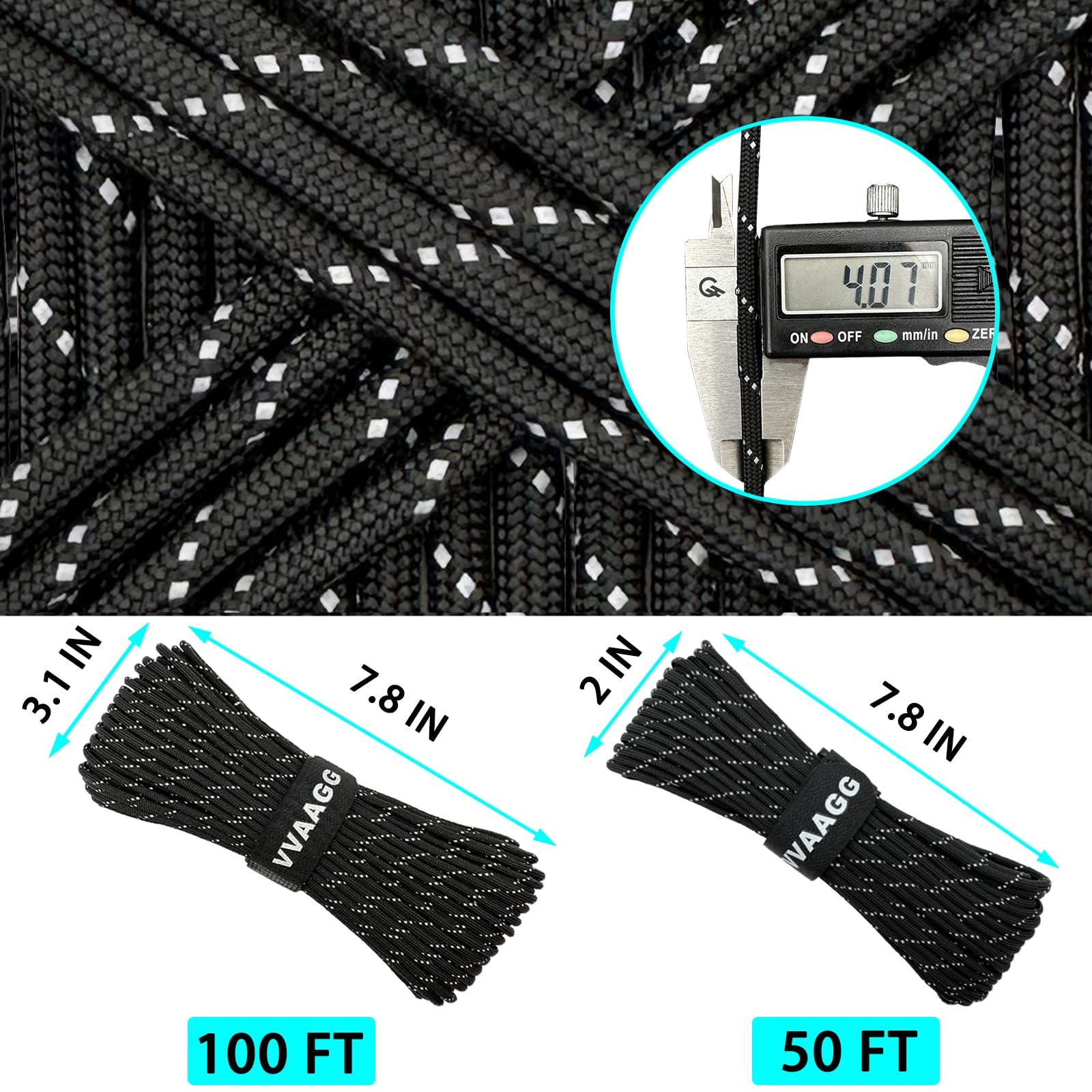 VVAAGG Reflective Paracord Rope 100FT, 7 Strand Nylon para Cord Black
