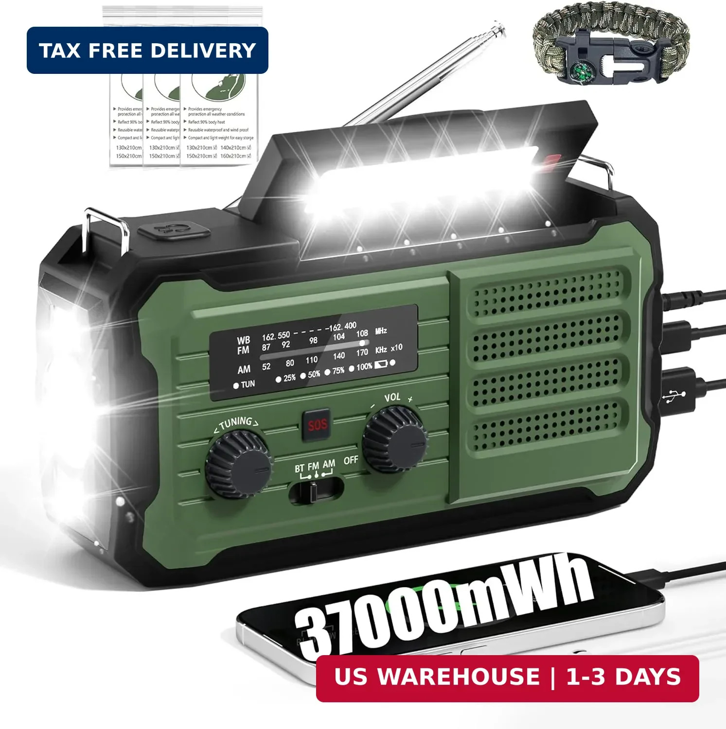 Emergency Radio Hand Crank Solar, 10000mAh/37000mWh Emergency Weather Radio, Han