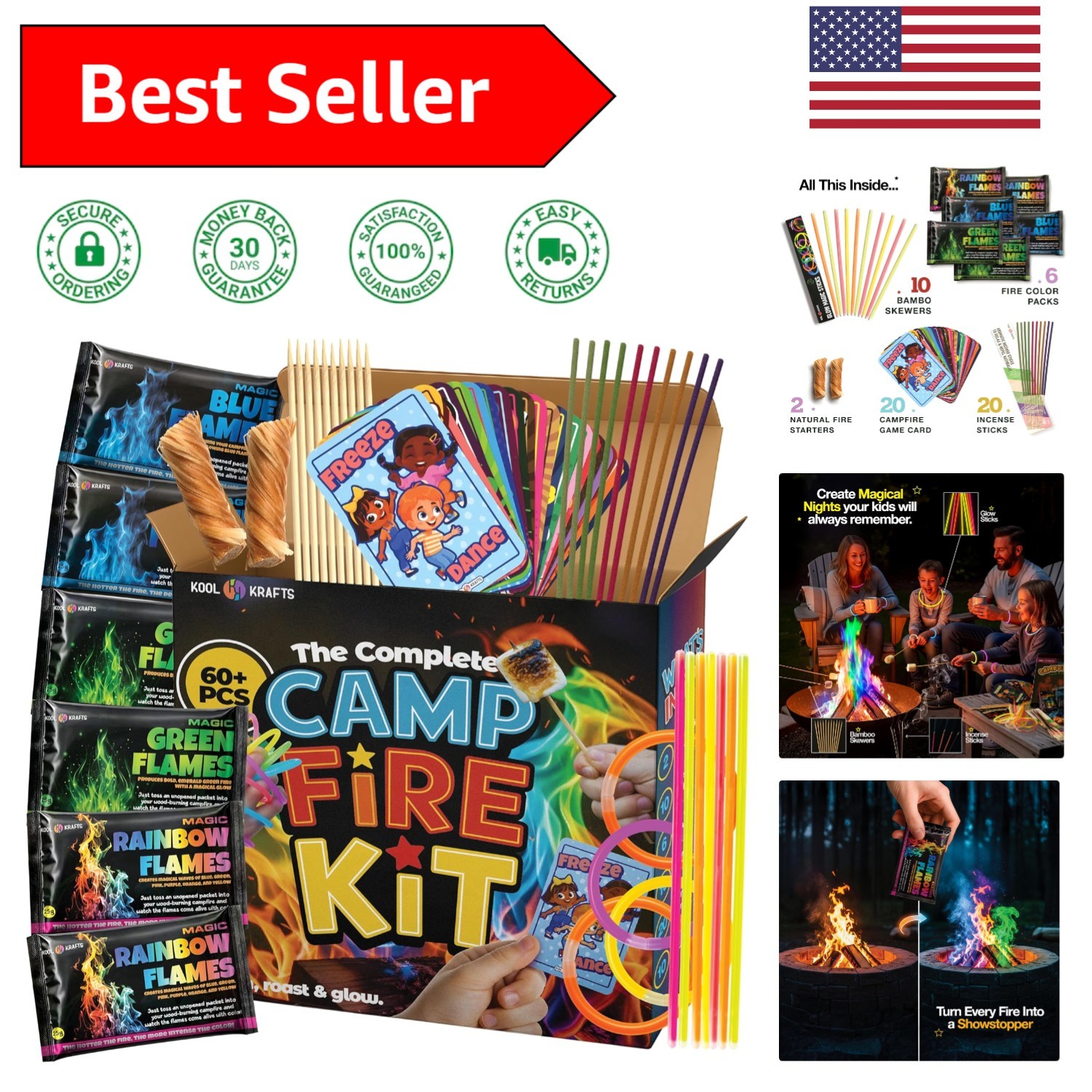 Family-Friendly Campfire Kit: 6 Color-Changing Flames, Games & Glow Sticks
