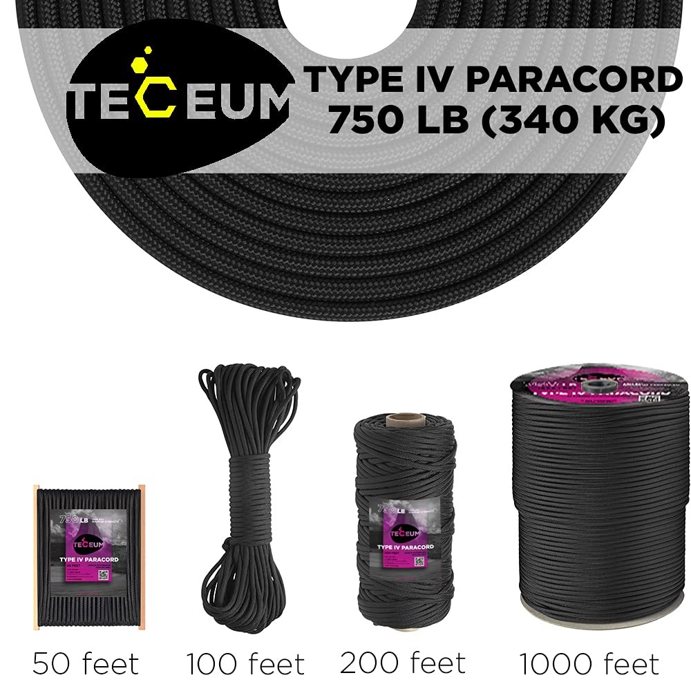 TECEUM Paracord Type IV 750 lb Black 016 – 50 ft – 4mm – 50 ft, Noir
