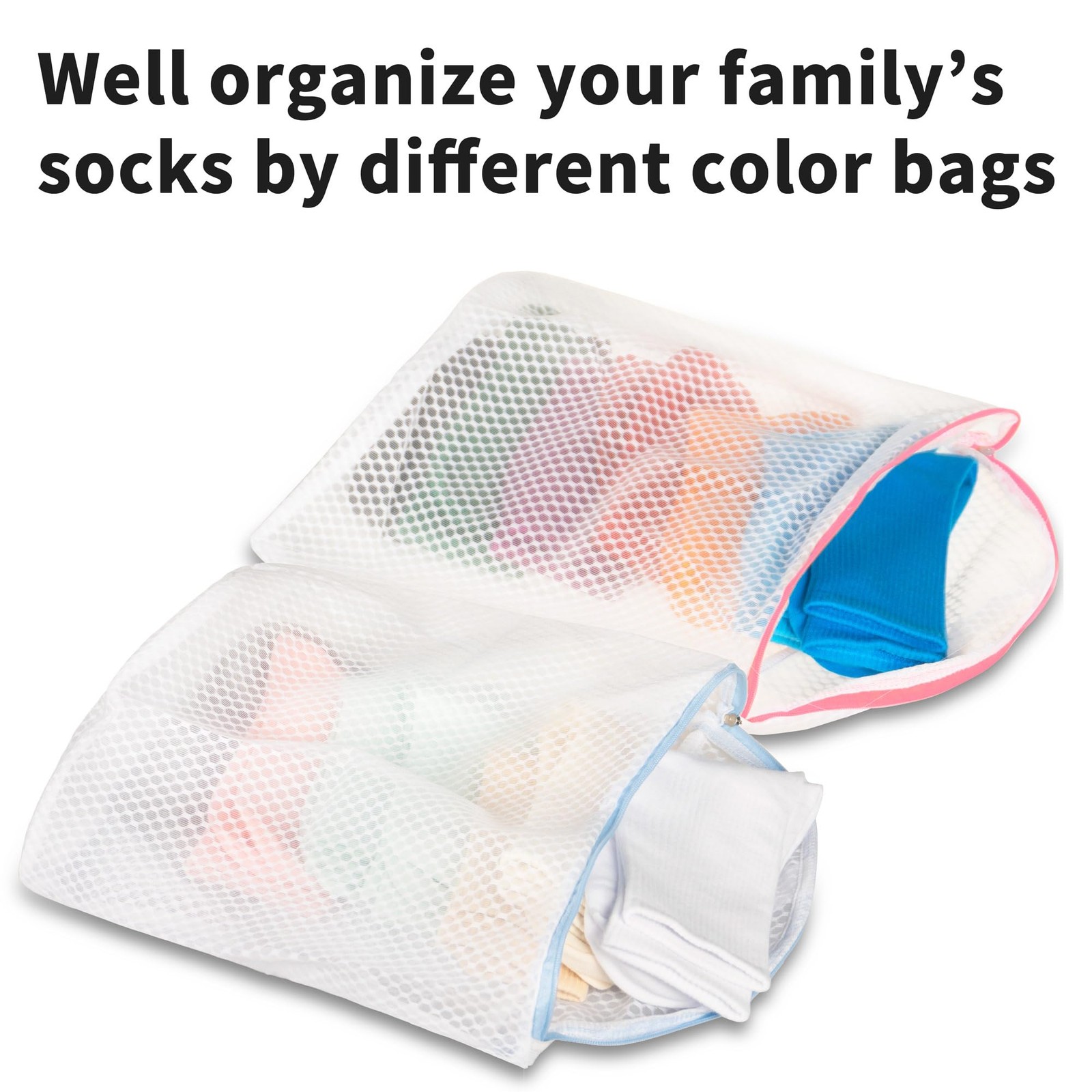 3Pcs Hanging Laundry Bags for Socks with S Hooks, 12 Large, white, pink, blue