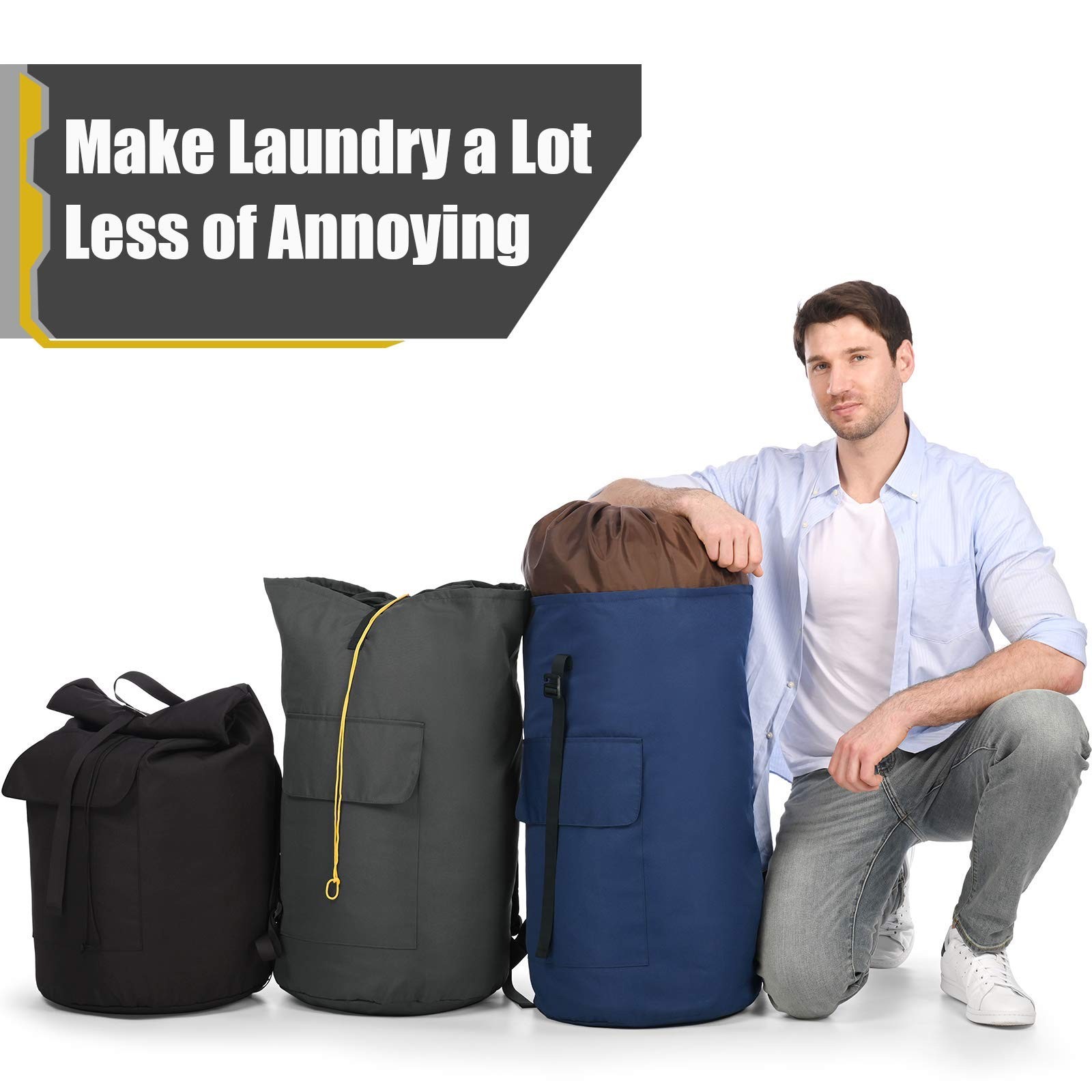 Laundry Backpack Bag, 115L 15″ x 40″, Charcoal grey laundry bag with straps