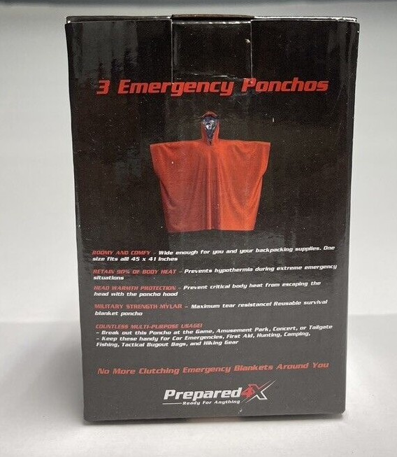 PREPARED4X Mylar Emergency Ponchos, 3 – Packs