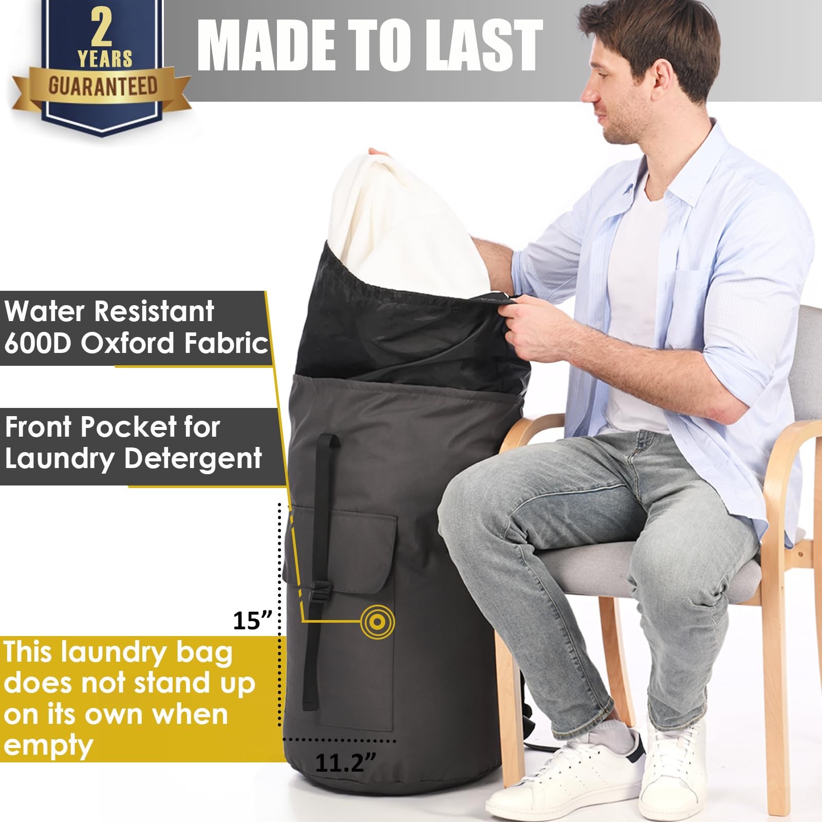 Laundry Backpack Bag, 115L 15″ x 40″, Charcoal grey laundry bag with straps