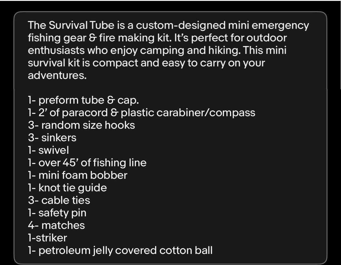 Survival Tube. Mini Emergency Fishing Gear. Custom Designed. lot#2