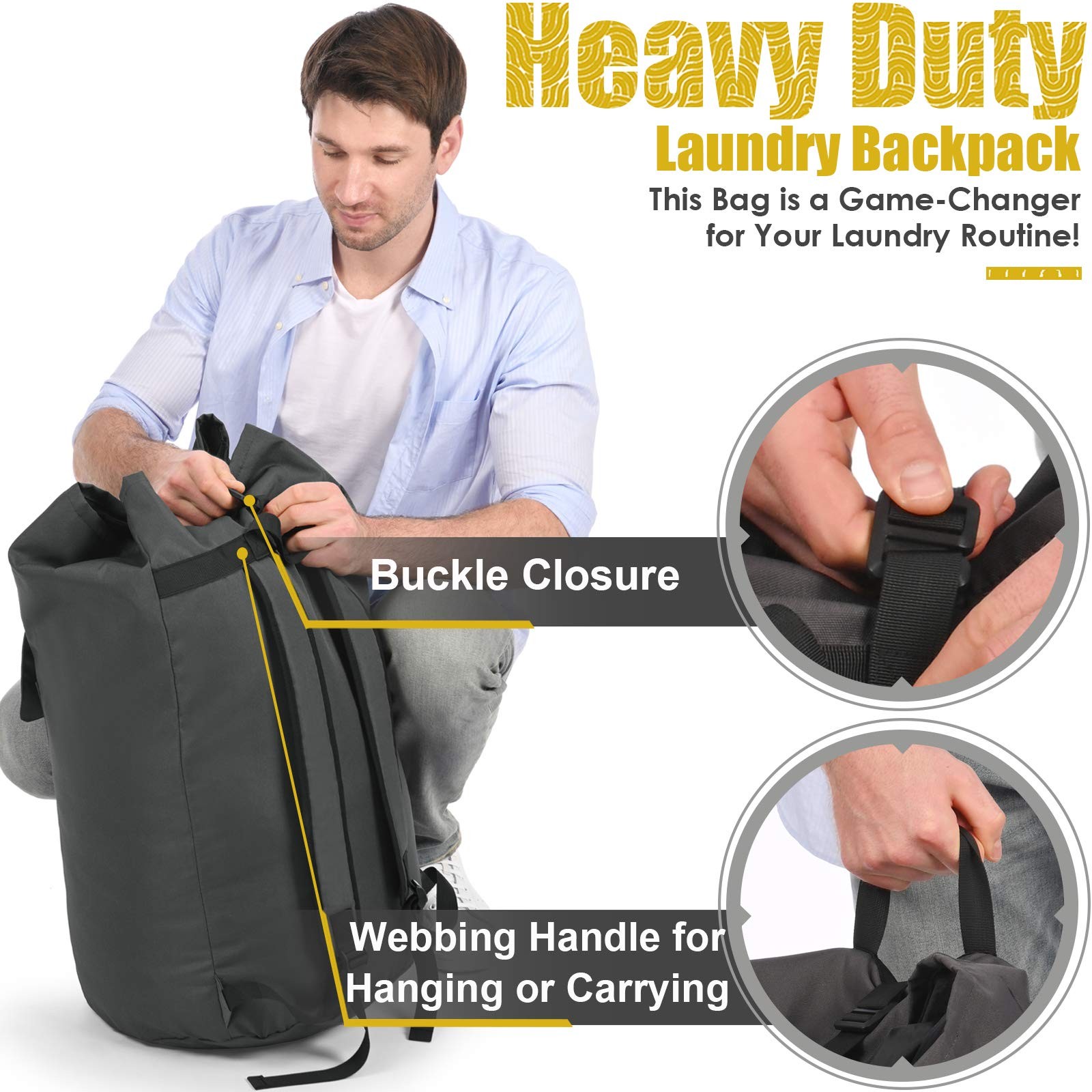 Laundry Backpack Bag, 115L 15″ x 40″, Charcoal grey laundry bag with straps