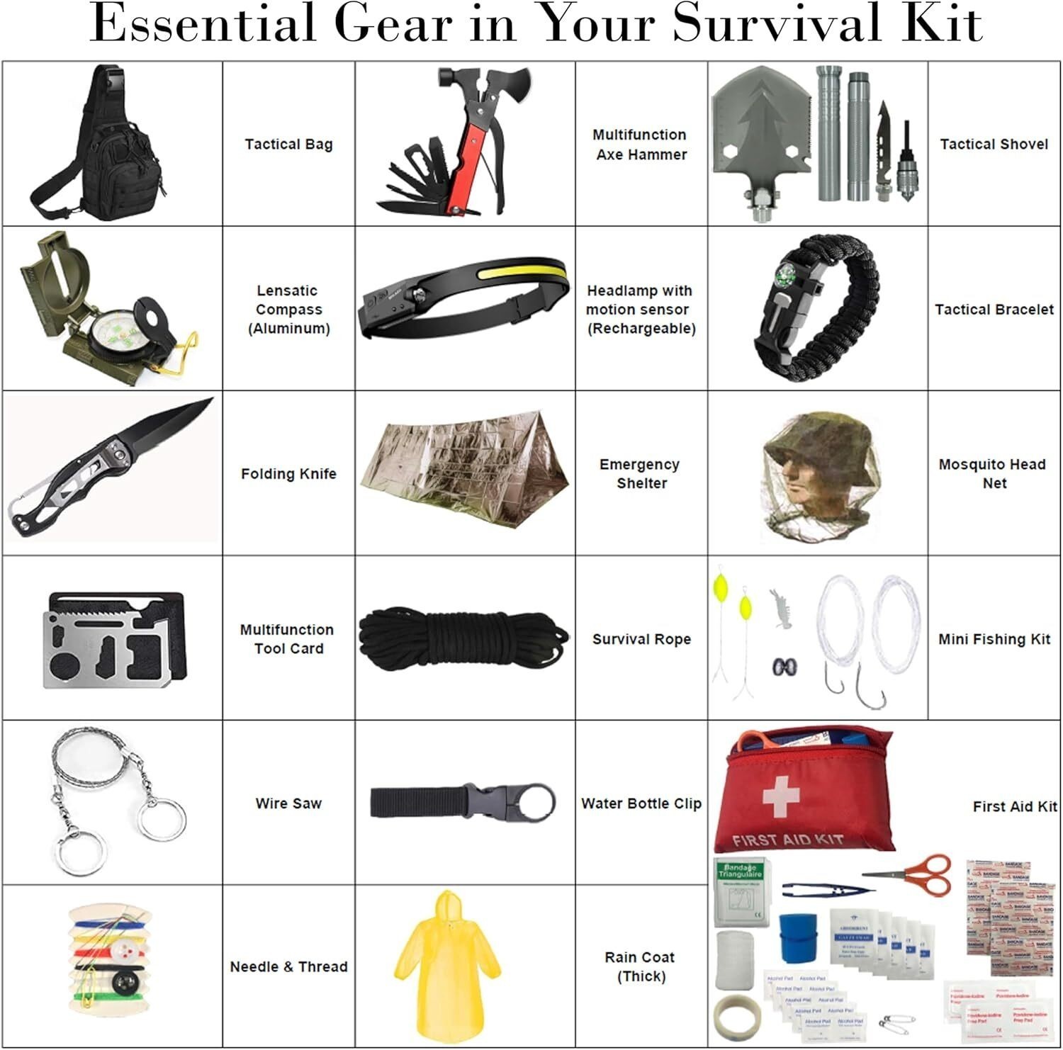 Emergency Survival Kit with First Aid Tools Camping Gear Shelter Headlamp Shovel