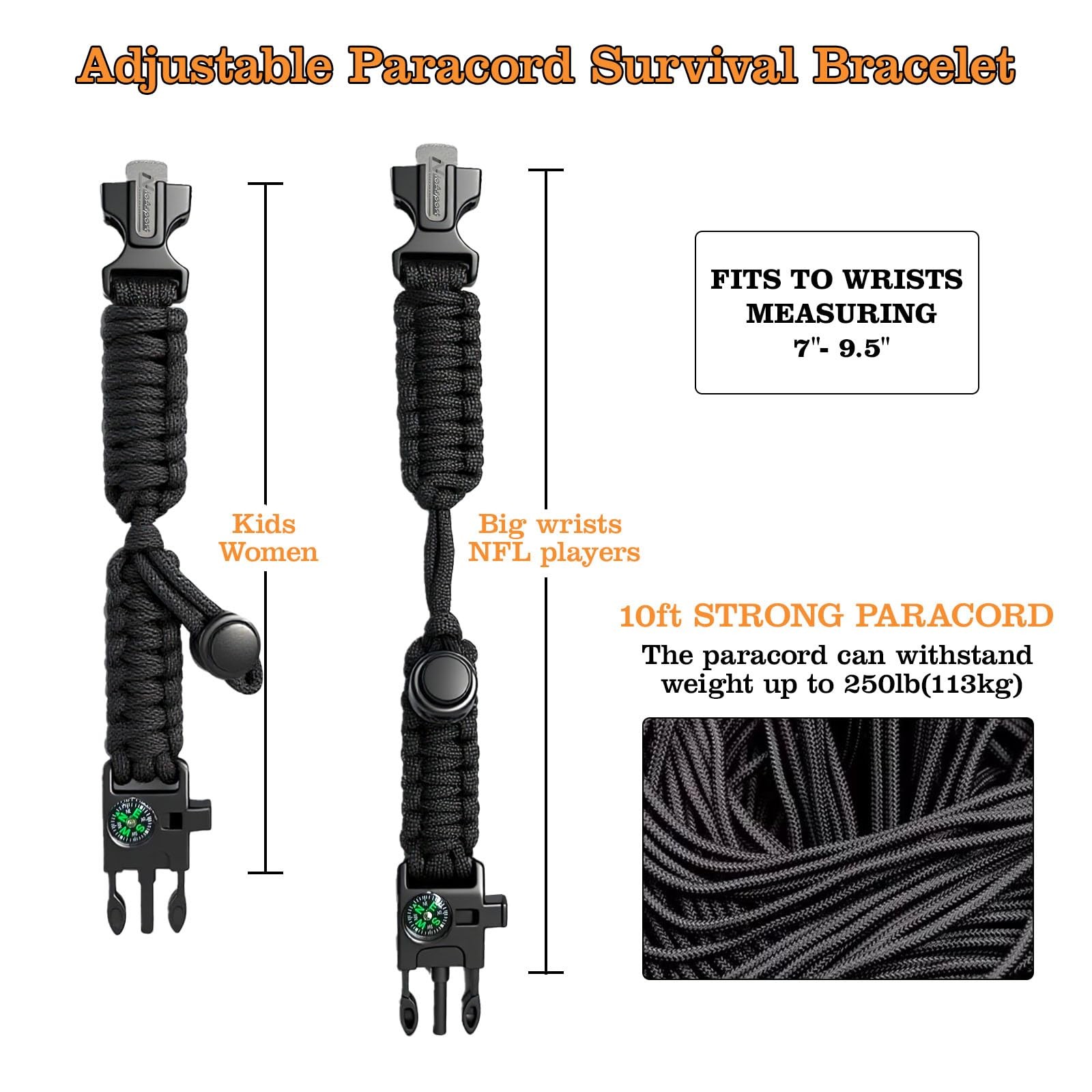 Survival Paracord Bracelet 3 Pack Fire Starter Whistle Compass Heavy Duty Outdoo