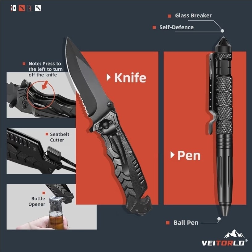 Veitorld Survival Kit Black 12-in-1 Multi-Tool Set Knife Fire Starter Compass