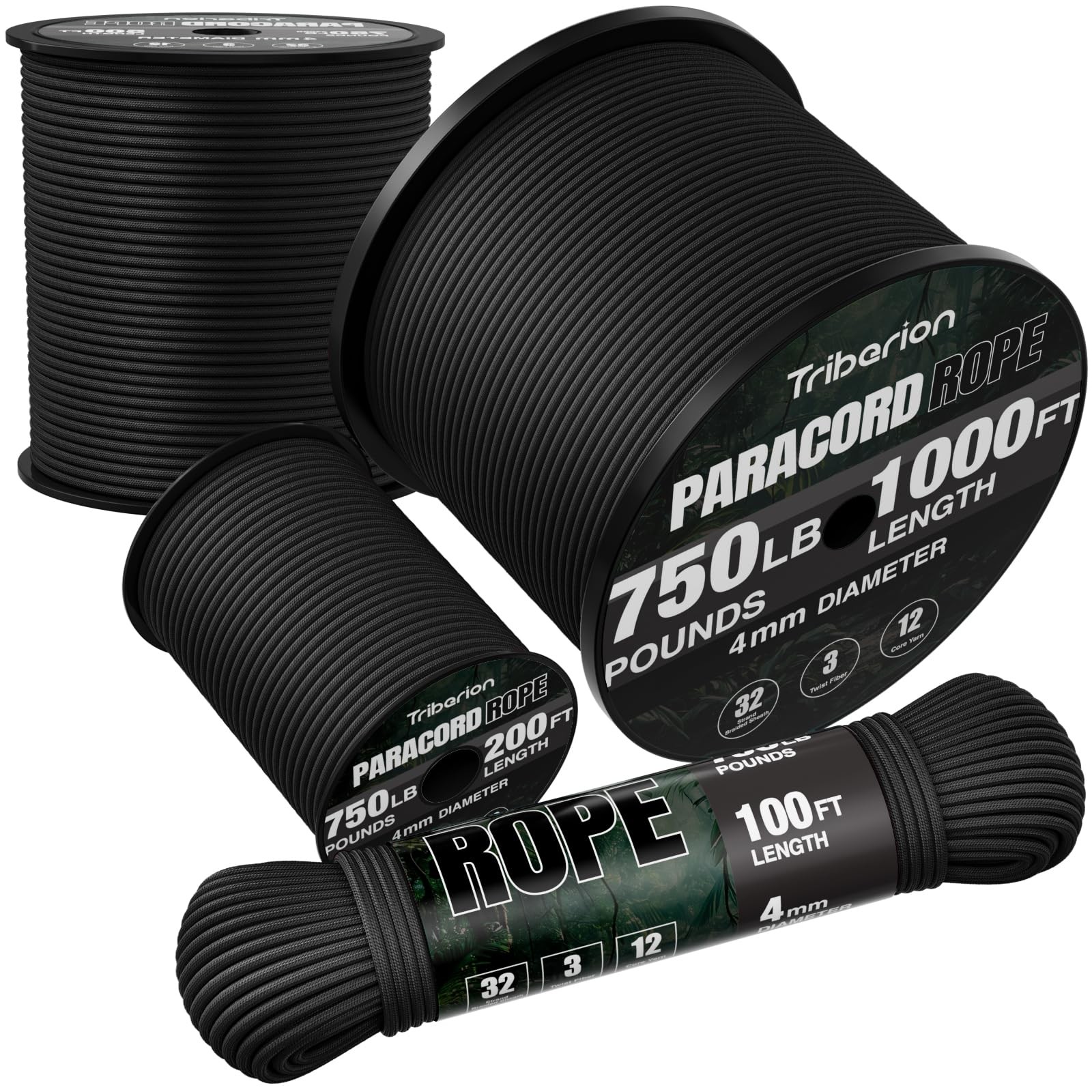 TRIBERION Paracord Rope 750 lb – 500ft 5/32″ Parachute Cord 4MM 500ft, Black