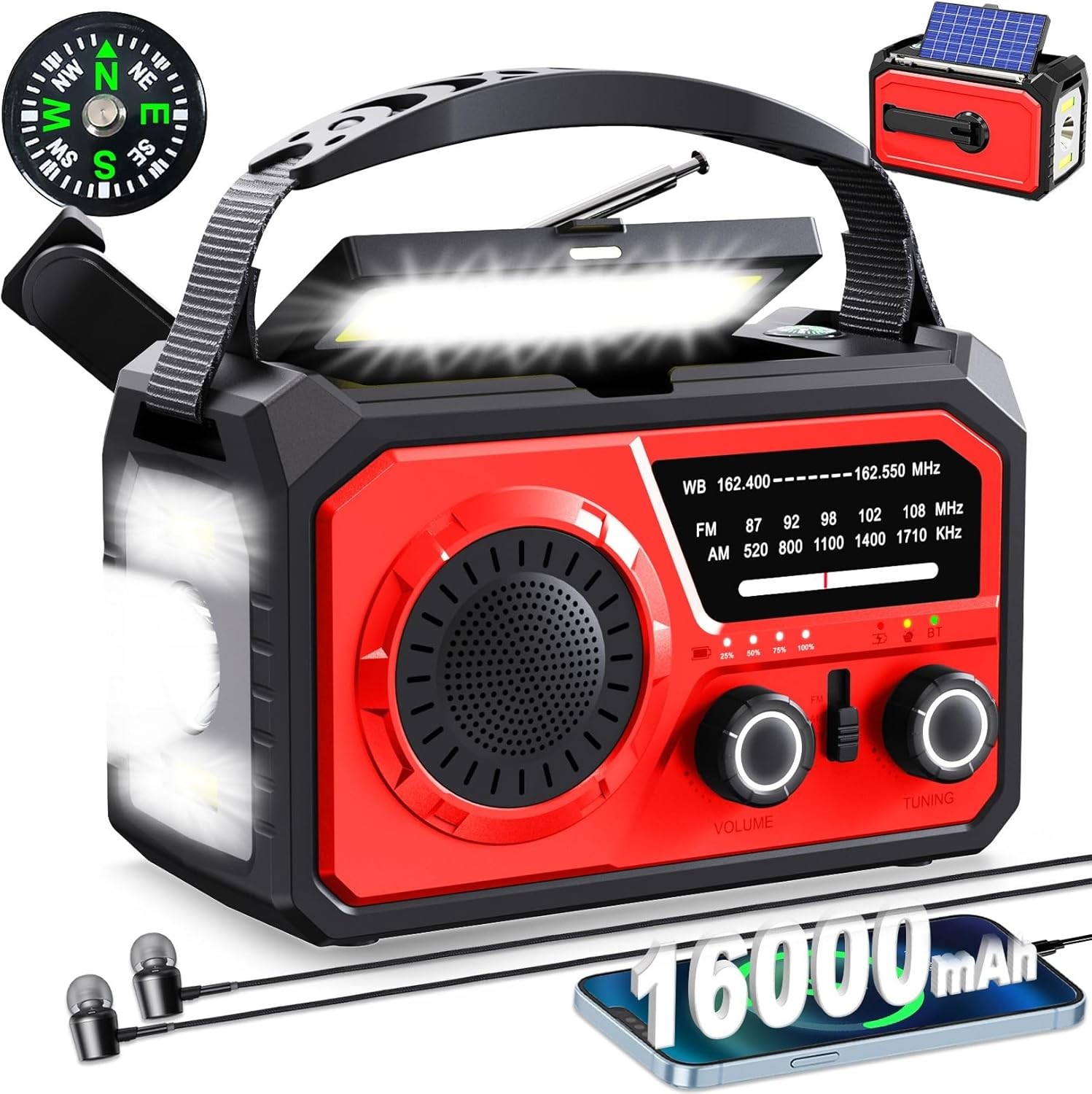Solar Emergency Crank Radio with 16000mAh Power Bank – NOAA Weather Red